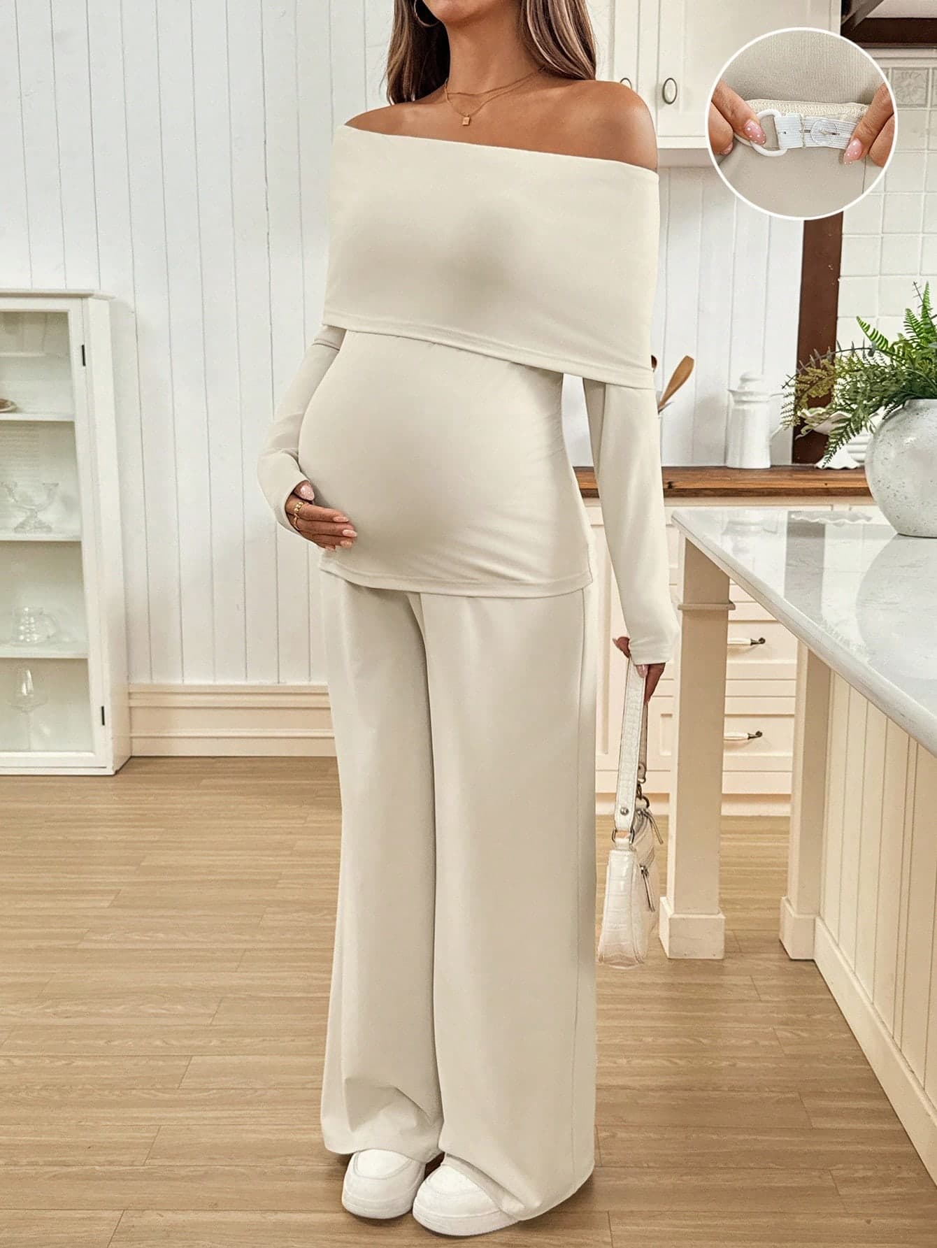 SHEIN Autumn And Winter 2pcs Maternity Set: Off-Shoulder Long Sleeve Solid Color T-Shirt And Adjustable Waist Casual Pants