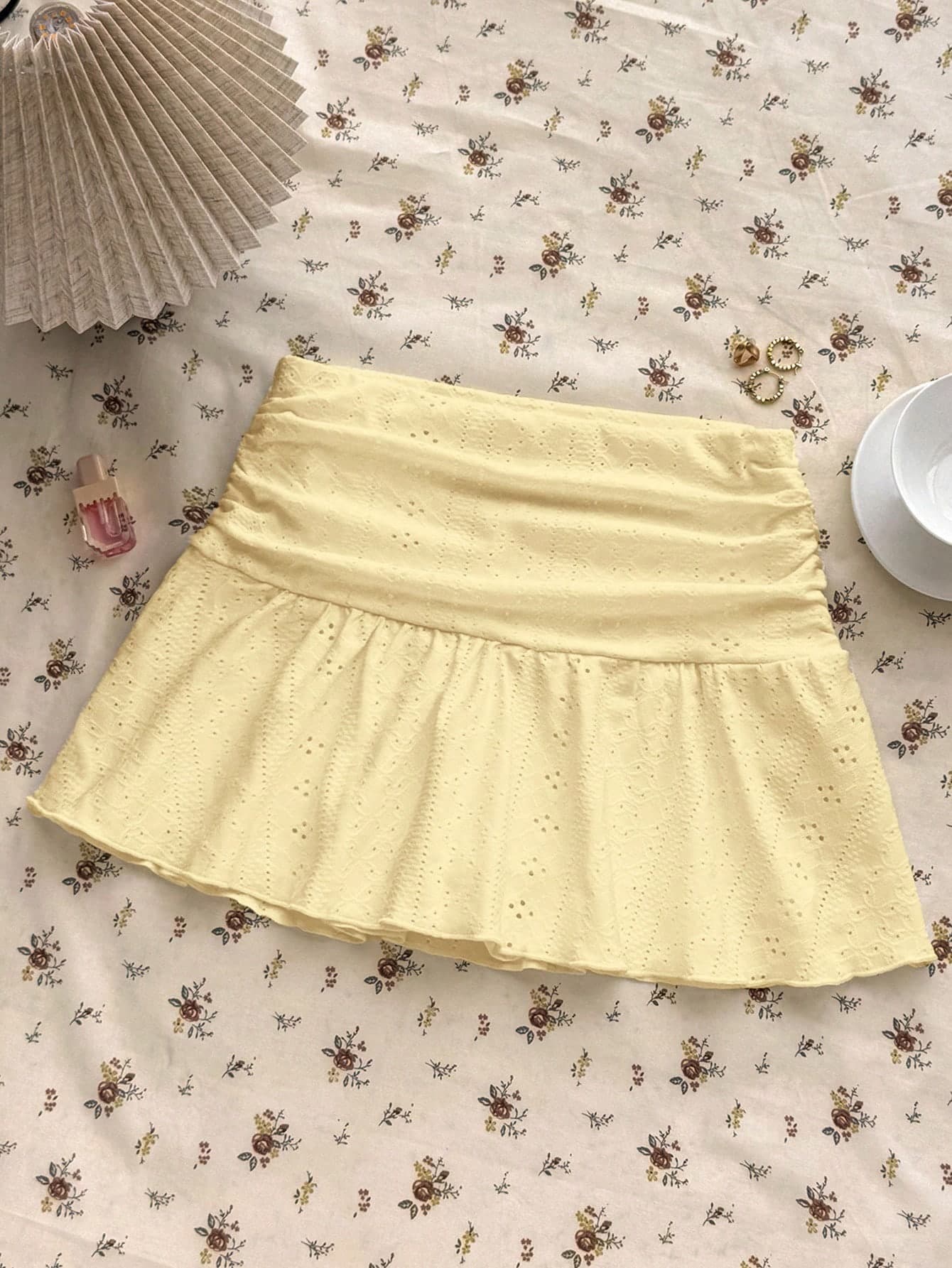 Teen Girls' Yellow Knit Casual Versatile Hollow Textured Ruched A-Line Mini Skirt,Suitable For Summer Kids Kid Kawaii Girls Fall Winter