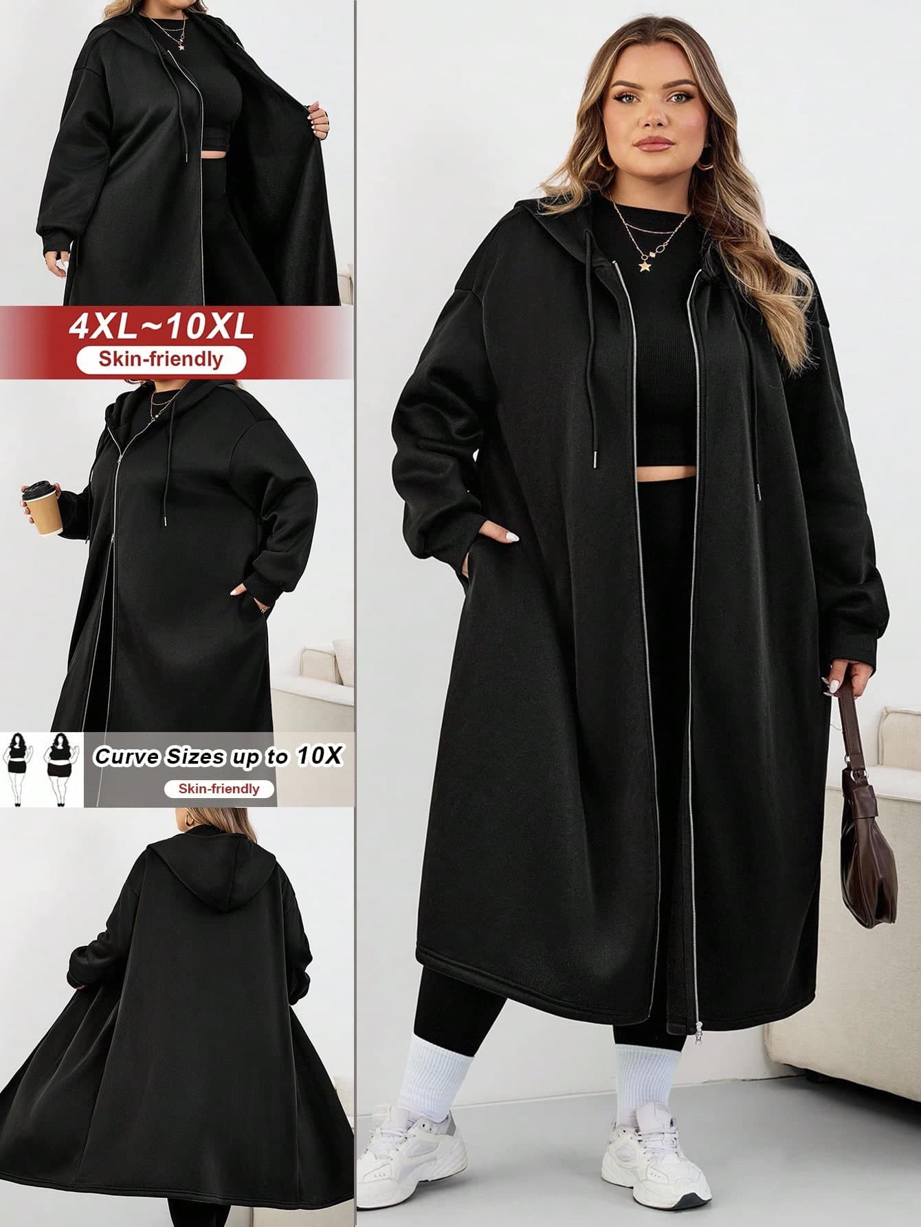 SHEIN CURVE+ Plus Size Women Long Hooded Jacket Coat, Suitable For Autumn/Winterfall Clothes For Women,Winter,CURVE PLUS Black Hooded Coat/Autumn /Winter