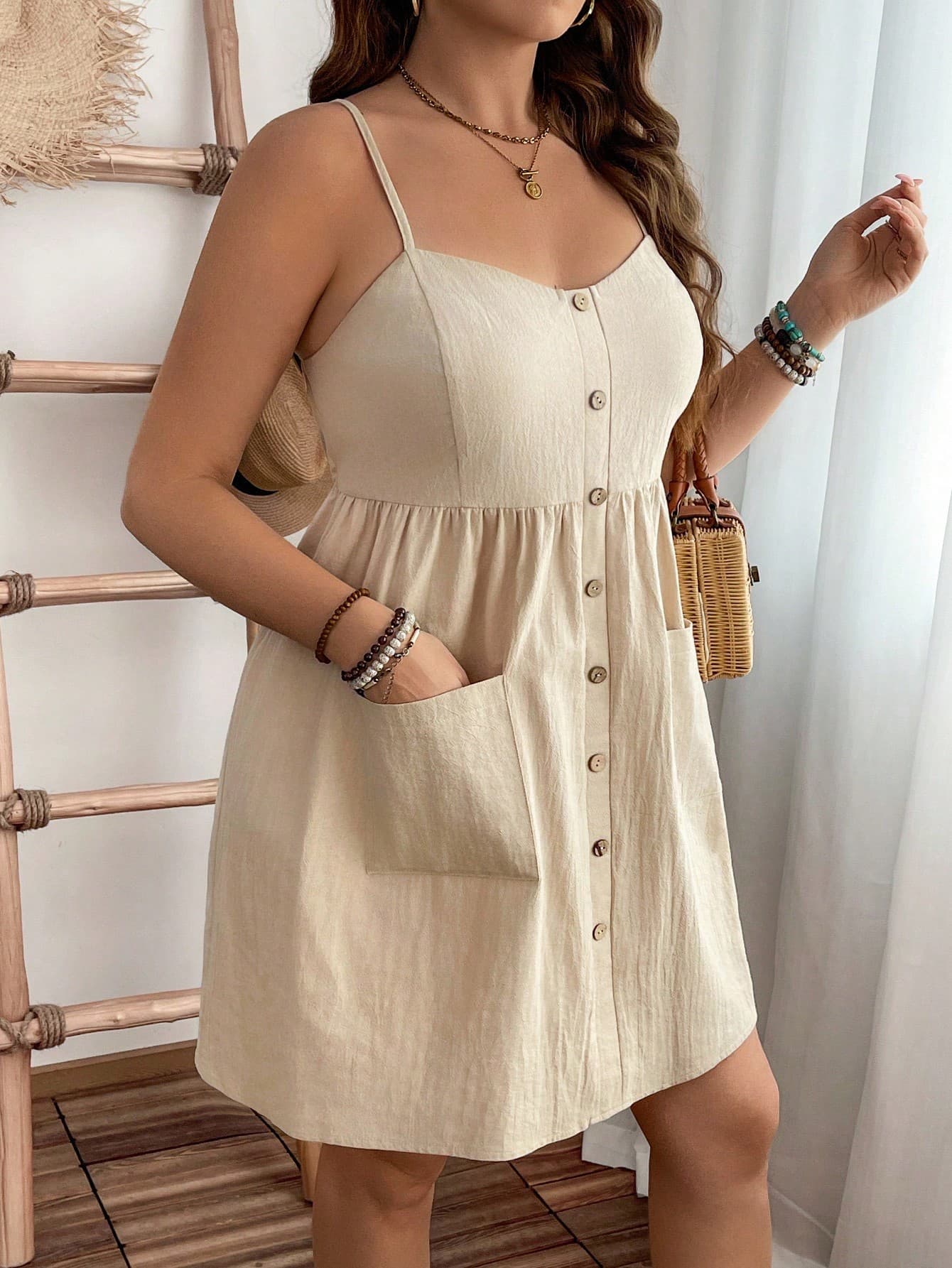 EMERY ROSE Plus Size Casual Daily Summer Pure Cotton Texture Pocketed Waist Midi Strap Dress