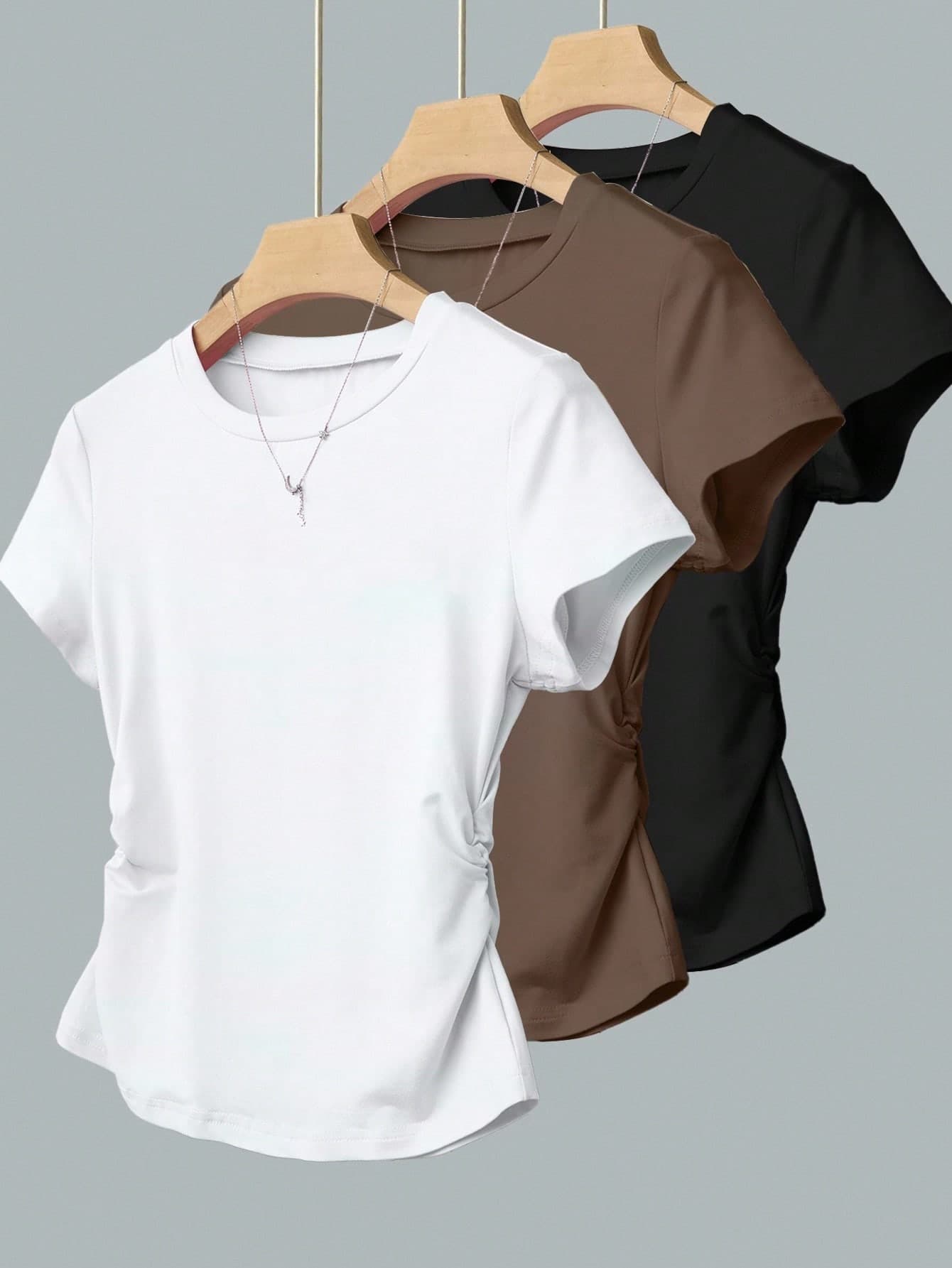 INAWLY Women's Casual Solid Color Ruched T-Shirt, Summer