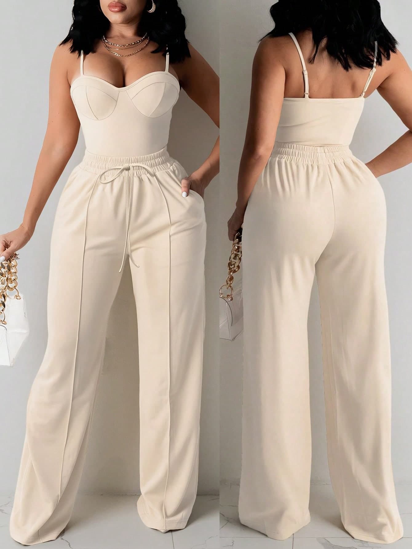 INAWLY 2pcs Plus Size Women Sexy Fitted Camisole Top And Straight Leg Pants Set, Casual & Elegant