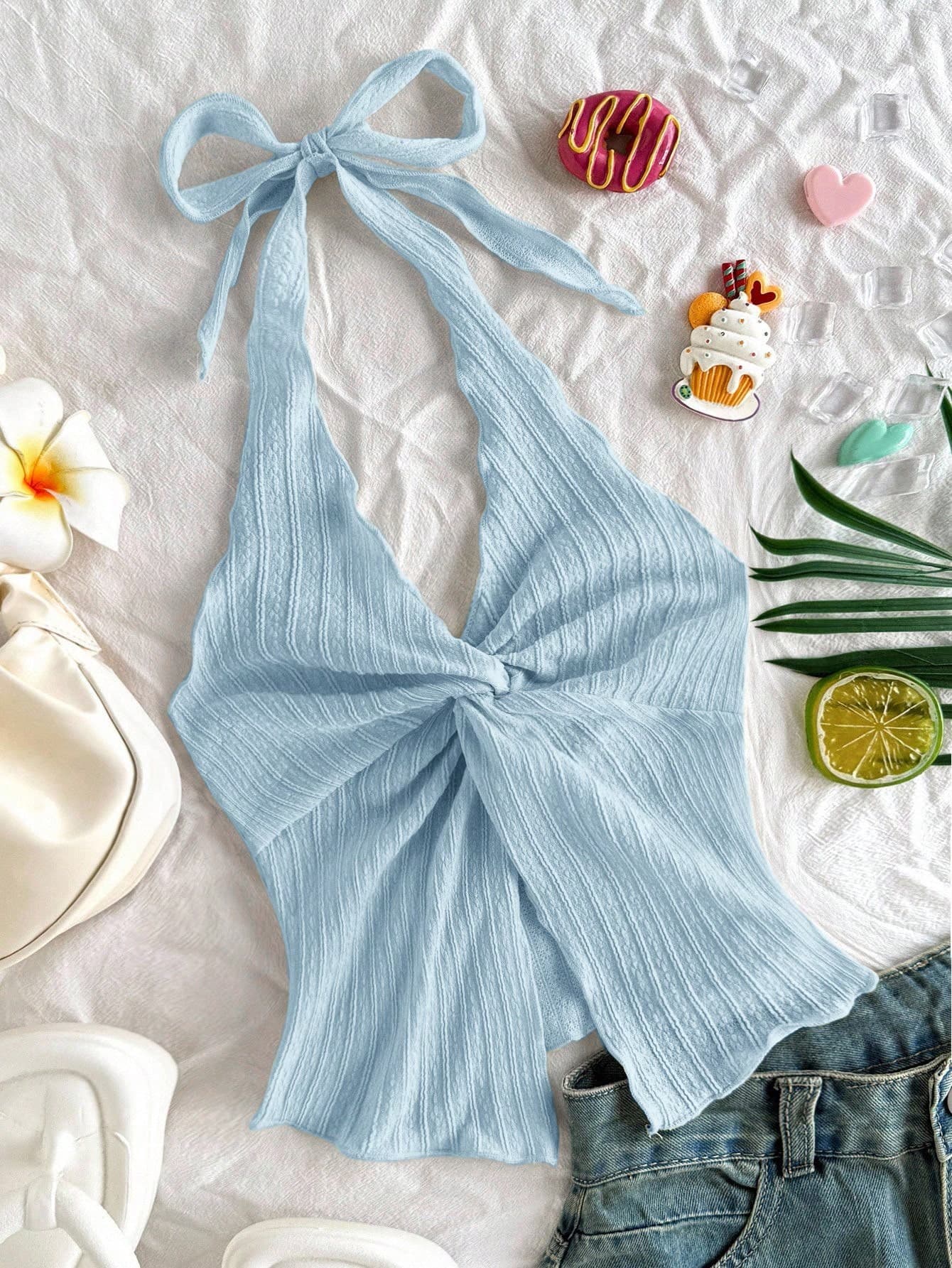 SHEIN Tween Girl Casual Vacation Textured Knit Bow Decor Halter Neck Camisole Blue Top Tie Front Top Halter Top Summer Top Light Blue Top Blue Tie Top