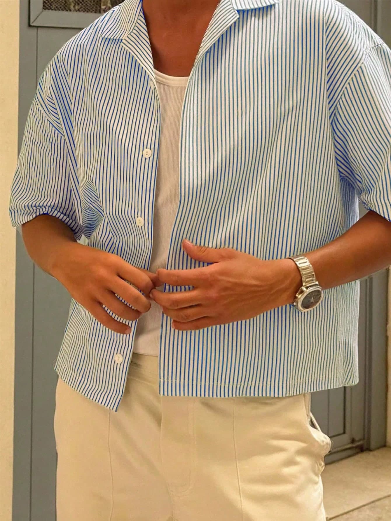 Manfinity Dauomo Men's Striped Short Sleeve Single-Breasted Casual/Business Shirt