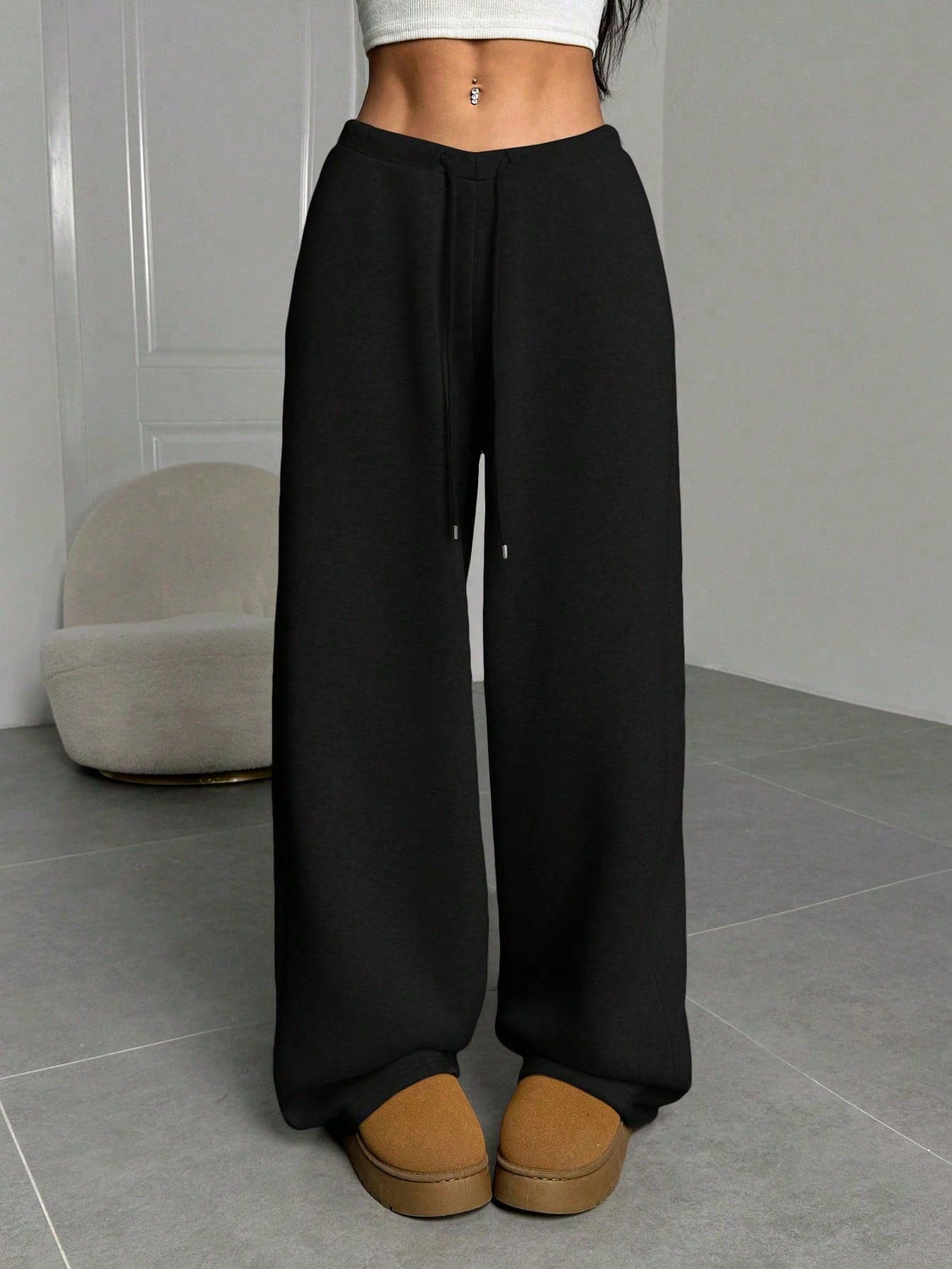 SHEIN EZwear Women's Solid Color Front Tie Simple Straight Leg Sweatpants, Casual Daily Wear , Graduation, Teacher For Women, Back To School