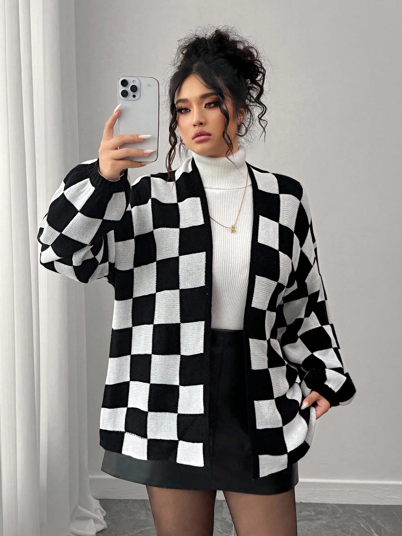 Elenzga Women Plus Size Cardigan Black And White Checkered Color Block Patchwork Checkerboard Loose Fit Outerwear,Fall Winter Casual Back-To-School Graduation