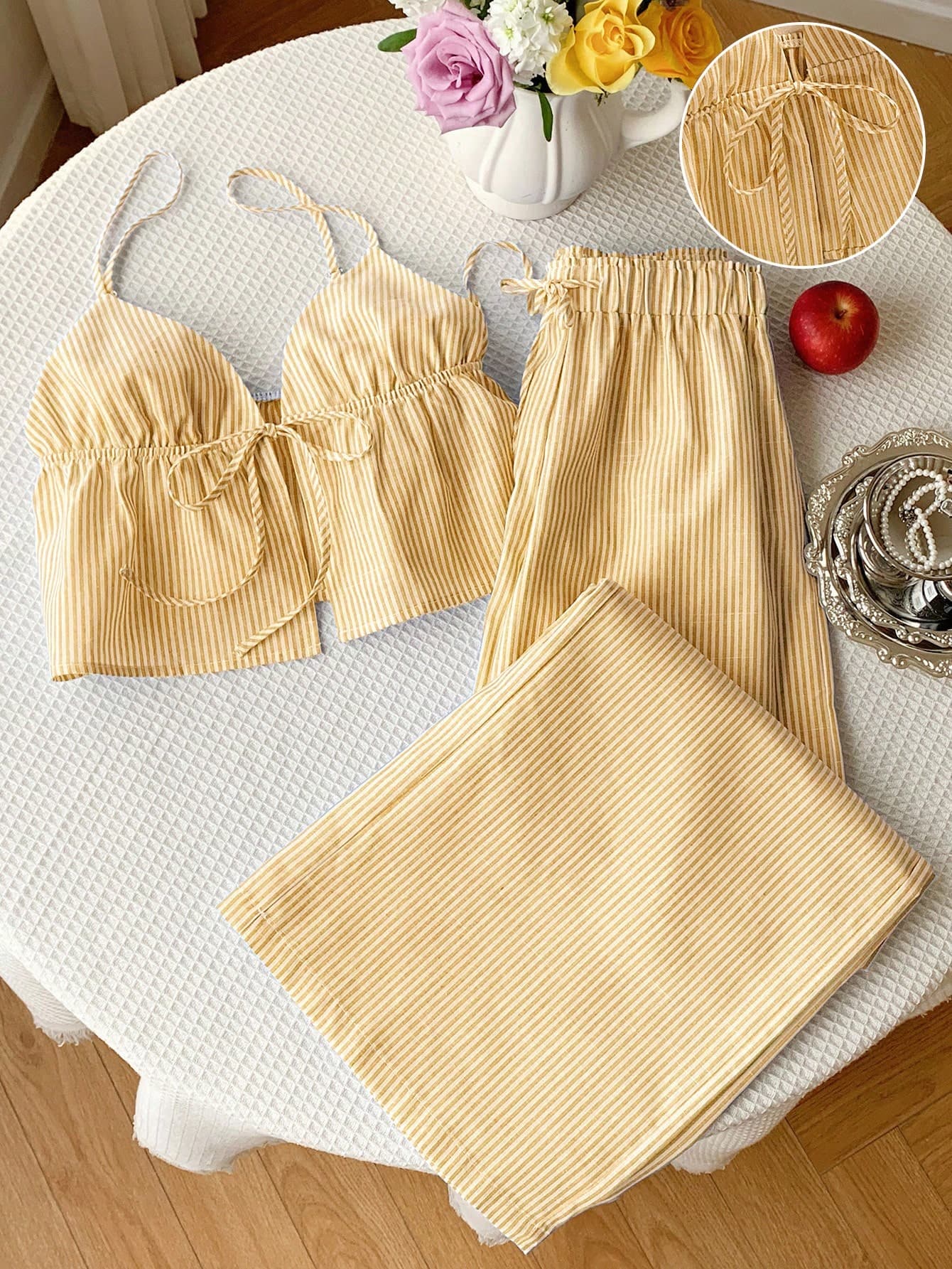 Comfortcana 2pcs Yellow Striped Woven Women's Vacation Casual Set Yellow Striped Two Piece Set
