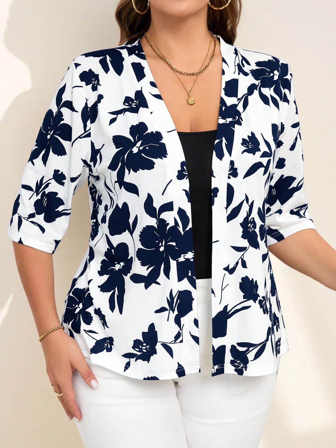 Chikora Plus Size Elegant Black & White Print Front-Open Jacket, Suitable For Teachers In Autumn,Business Casual Woman Winter Fall