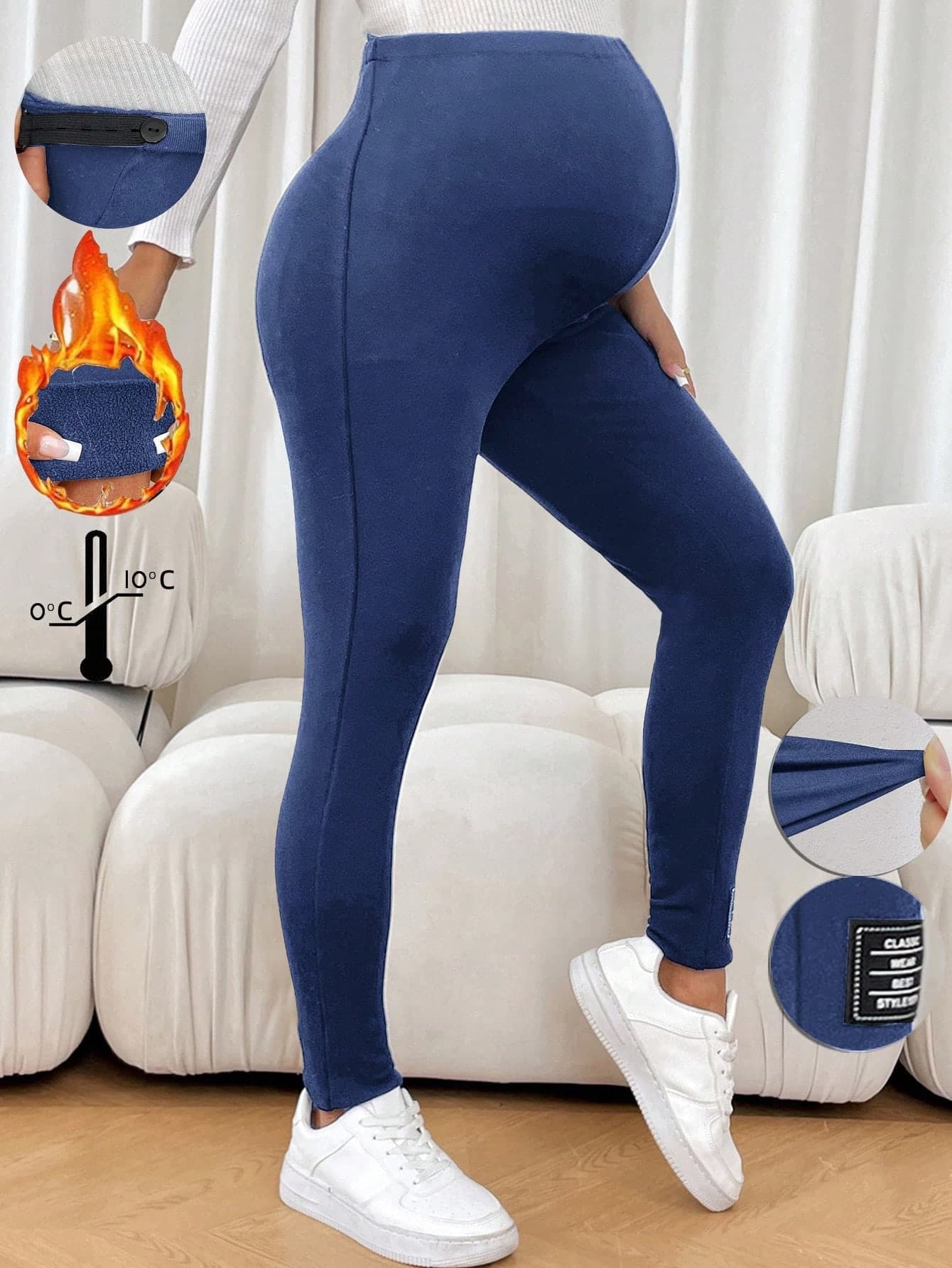 SHEIN Maternity Navy Blue Adjustable Waist Thermal Lined Casual Leggings,Solid Color Over The Bump Warm Winter Autumn Leggings
