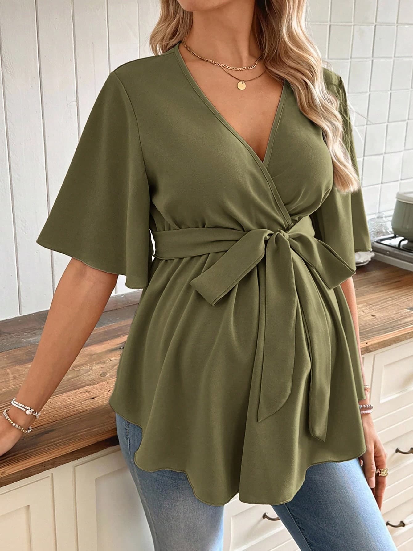 SHEIN V-Neck Ruffle Trim Maternity Blouse With Belt