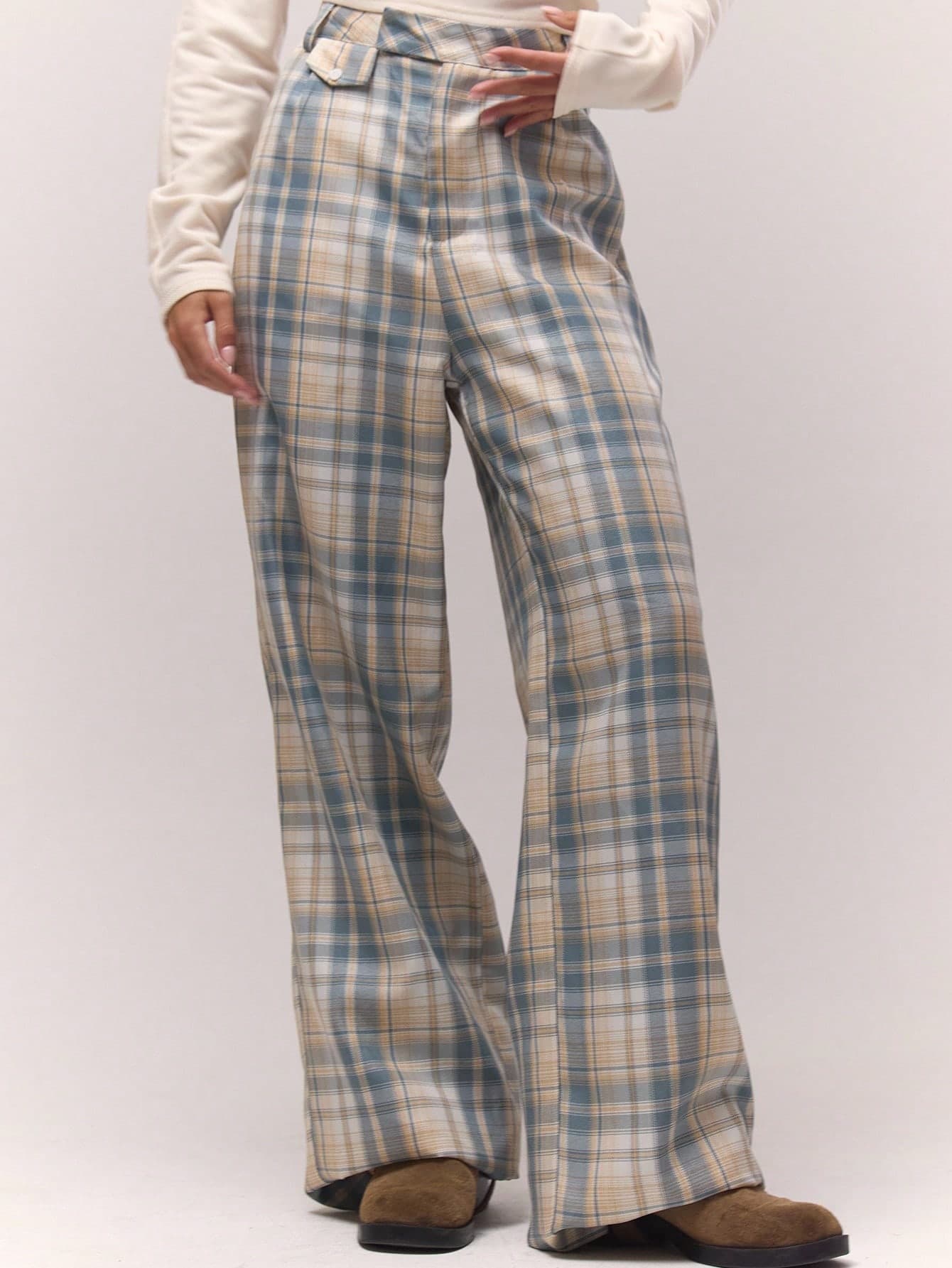 MUSERA Women's Wide Leg Tailored Checkered Pocket Detail Trousers,Beige,Autumn,Retro Vintage 70s,School,Back-To-School Old Money Cute Cottage Core Casual