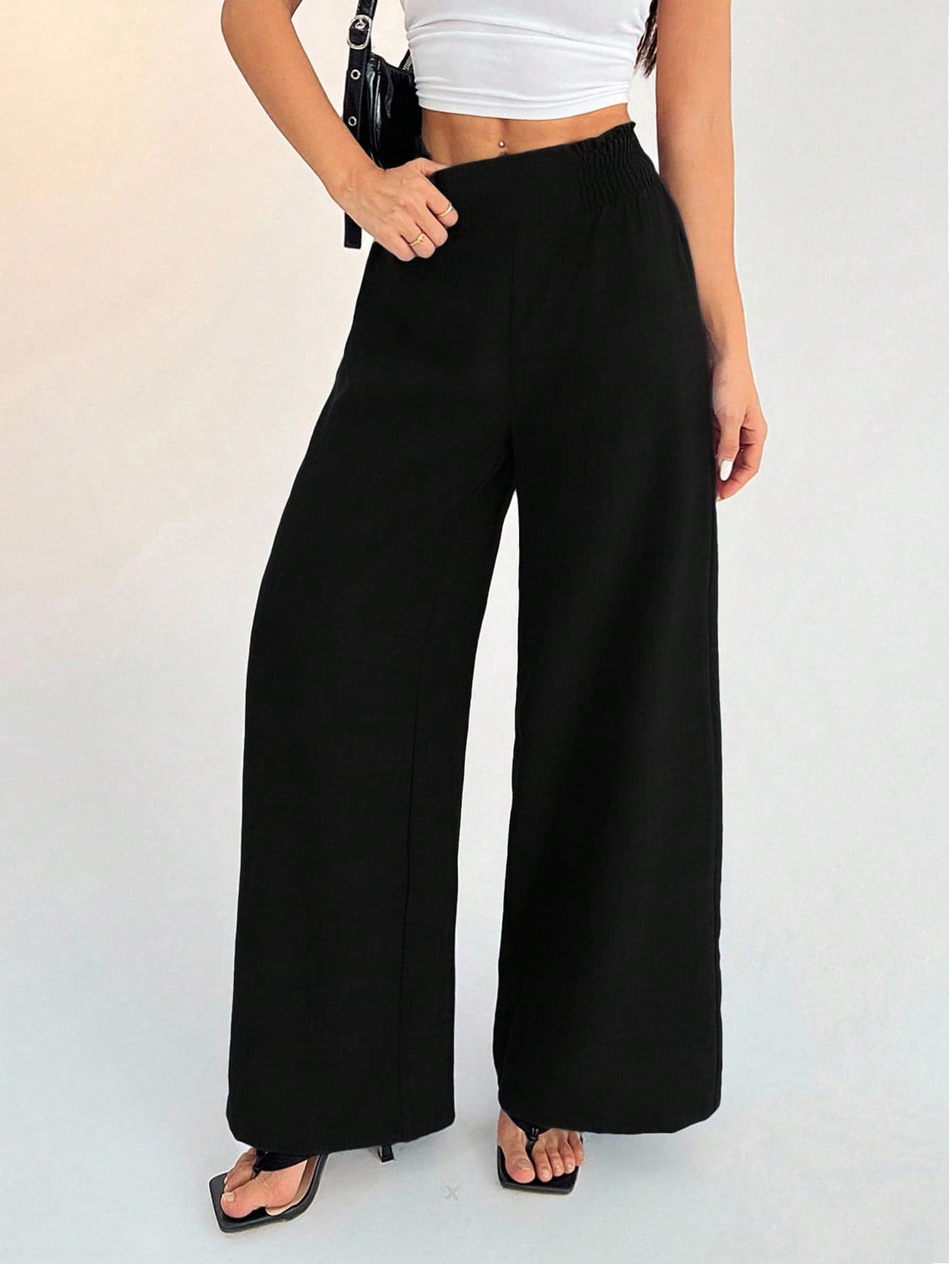 SHEIN PETITE Women's Casual Vacation Waistband Blue Wide Leg Pants ,Petite Women