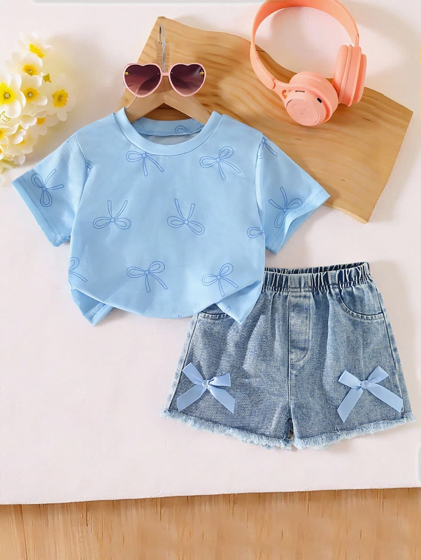 Genkimix Kids Girls Casual Sweet Bow Print Round Neck Short Sleeve Cropped T-Shirt And Elastic Waist Denim Shorts Set,Summer Young Girl Two Pieces Blue Jean Set