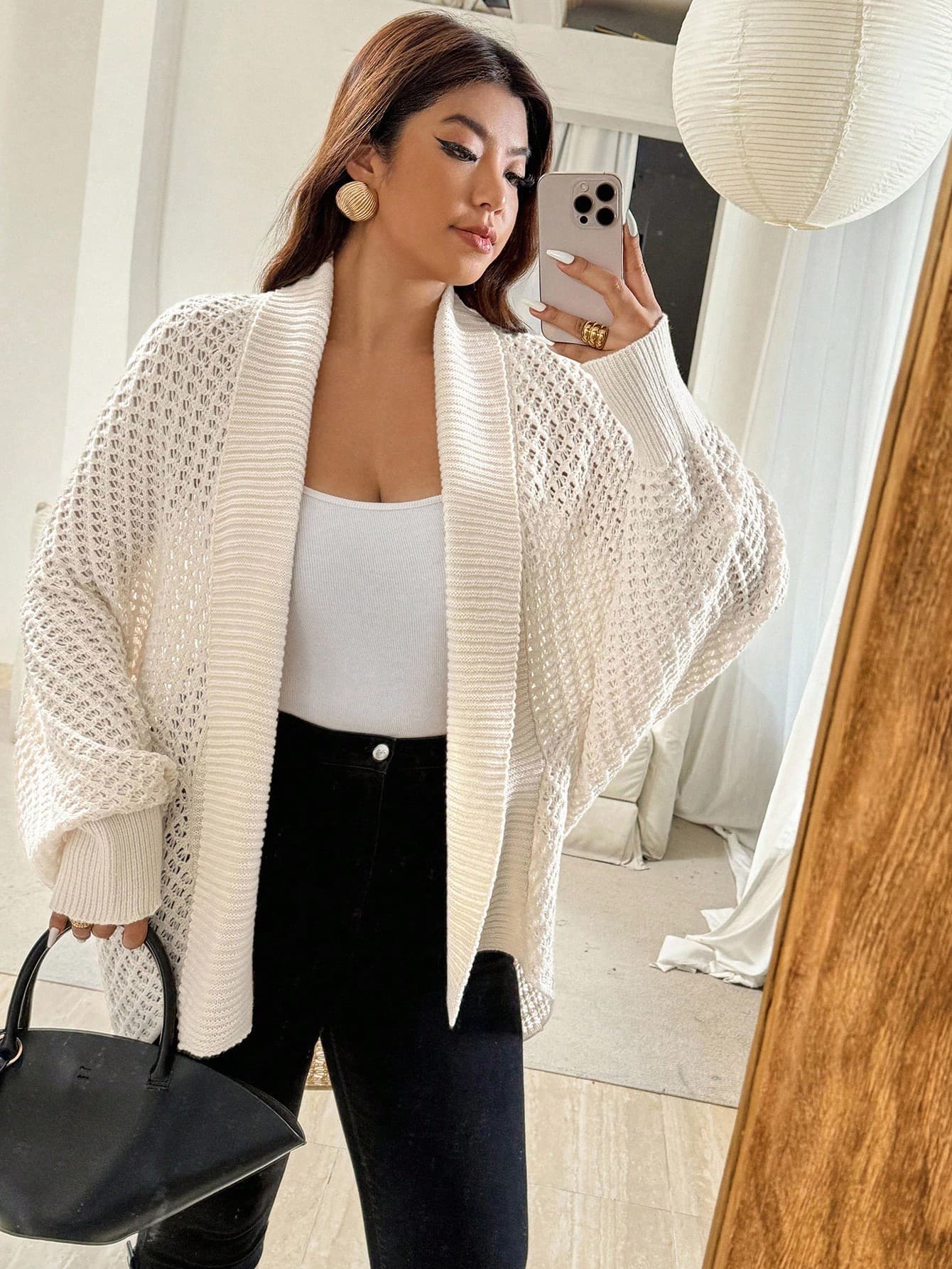 Vionelle Women's Plus Size Casual White Cardigan,Hollow Out Batwing Sleeve Open Front Crochet Knit Cardigan For Autumn,Everyday Smart Casual Summer Outerwear