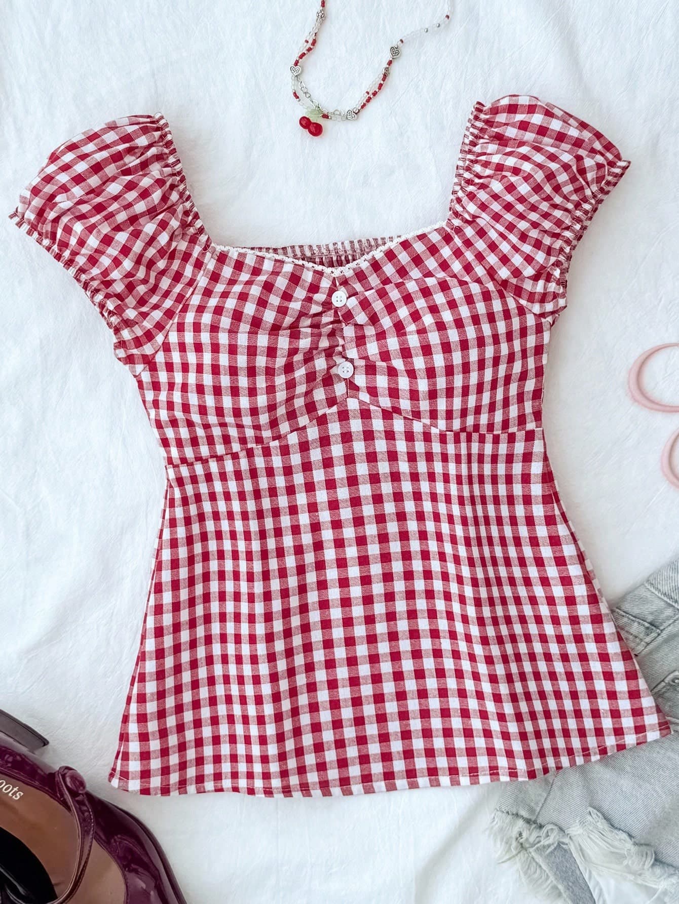 Burgundy Vintage Plaid Ruffle Trim A-Line Blouse, Casual College Style For Teen Girls Blouses For Girls Girls Babydoll Top Toddler Girl Blouses
