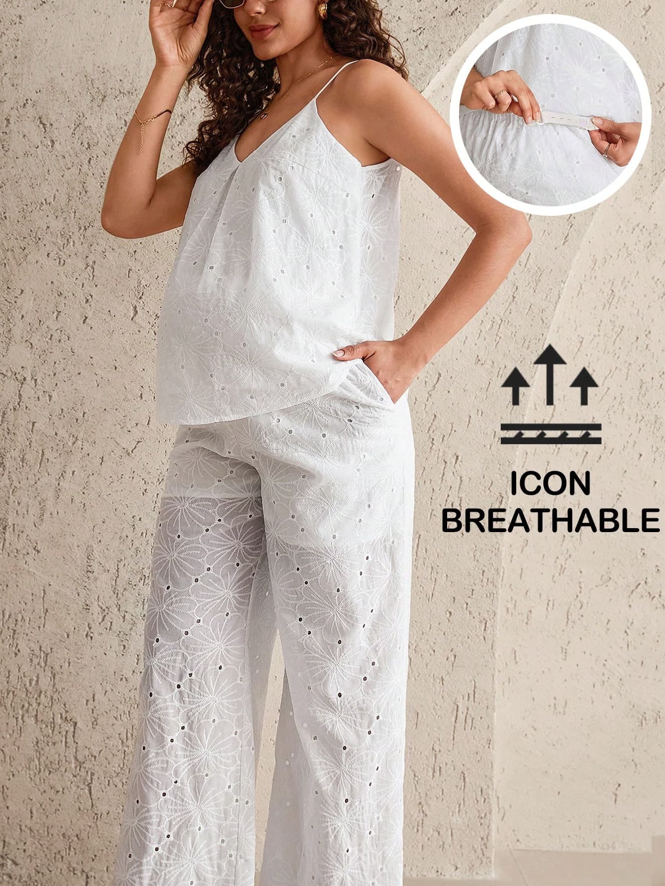 MaterniWear 2pcs/Set Maternity White Summer Casual Holiday Embroidered Camisole & Adjustable Waist Pants,Old Money Style Linen Two Piece Suit For Work Office