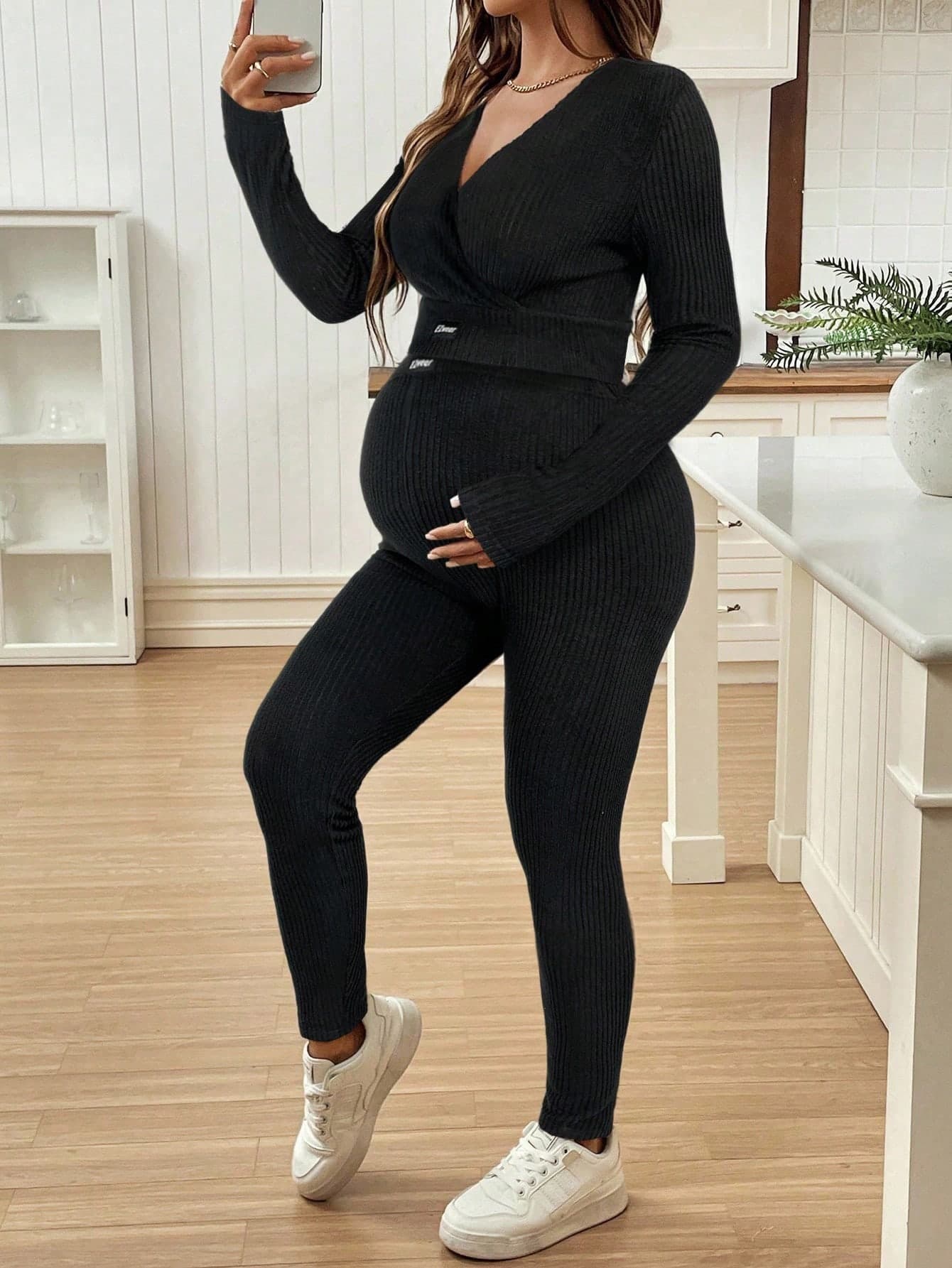 SHEIN Maternity V-Neck Long Sleeve Labeled Top And Skinny Knit Pants Sportswear Set Black 2 Pieces Set 2 Pieces Lounge Sets Woman Maternity 2 Pieces Set Maternity Clothes Two Pieces Suits Maternity Ribbed Set