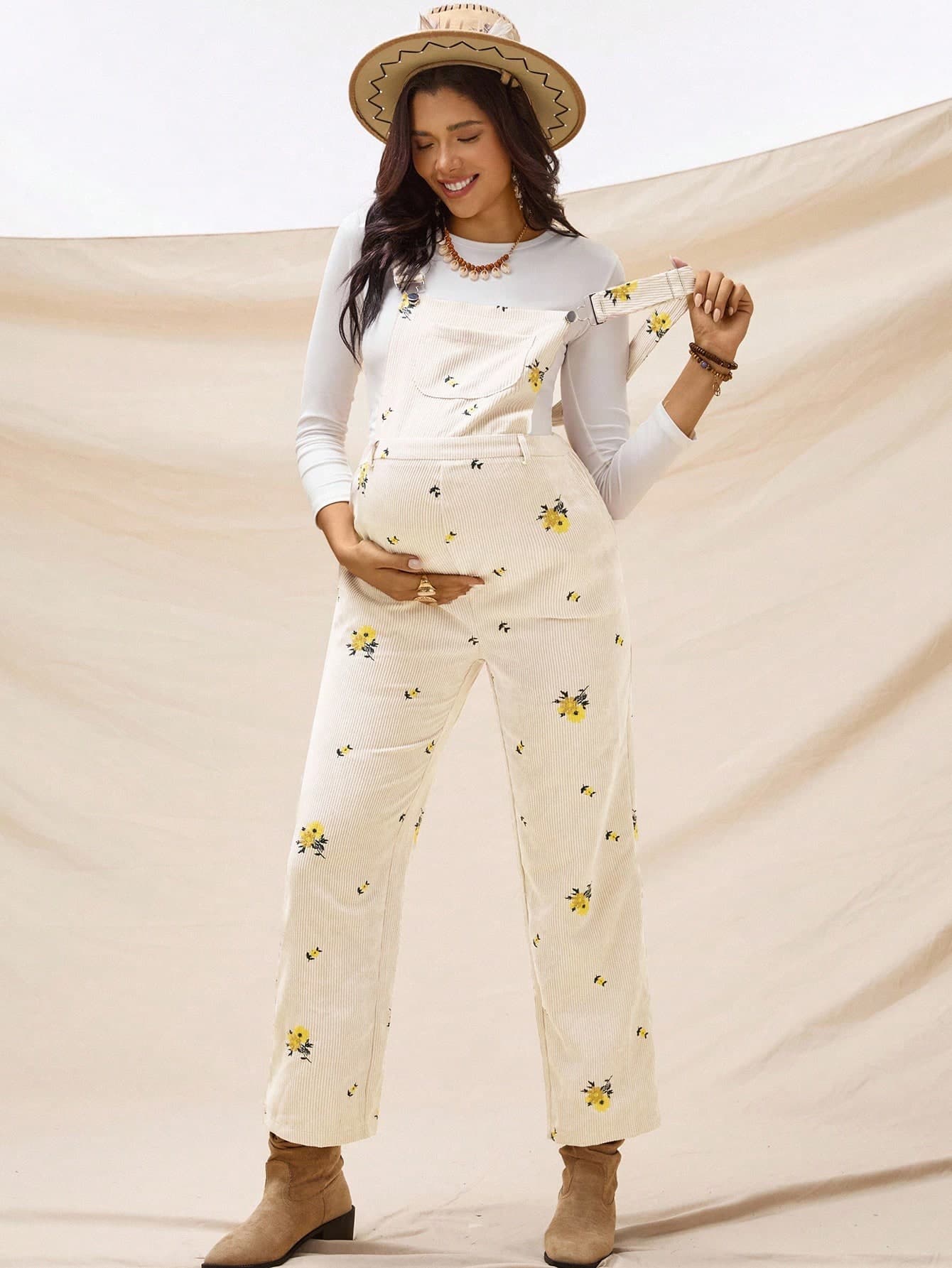 Boho Mama Pregnant Women's Ditsy Floral Pocket Casual Jumpsuit With Straps  Fall Clothes  Boho Maternity Fall Winter Clothes Wide Leg Junpsuit Bohemian