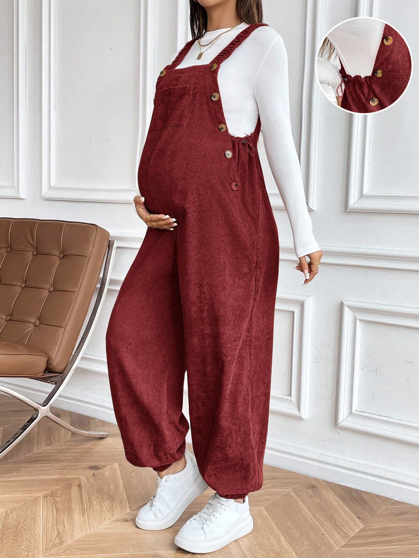 SHEIN Adjustable Brown Elastic Maternity Casual Jumpsuit Corduroy Overalls Jumpsuits For Women Plus Size