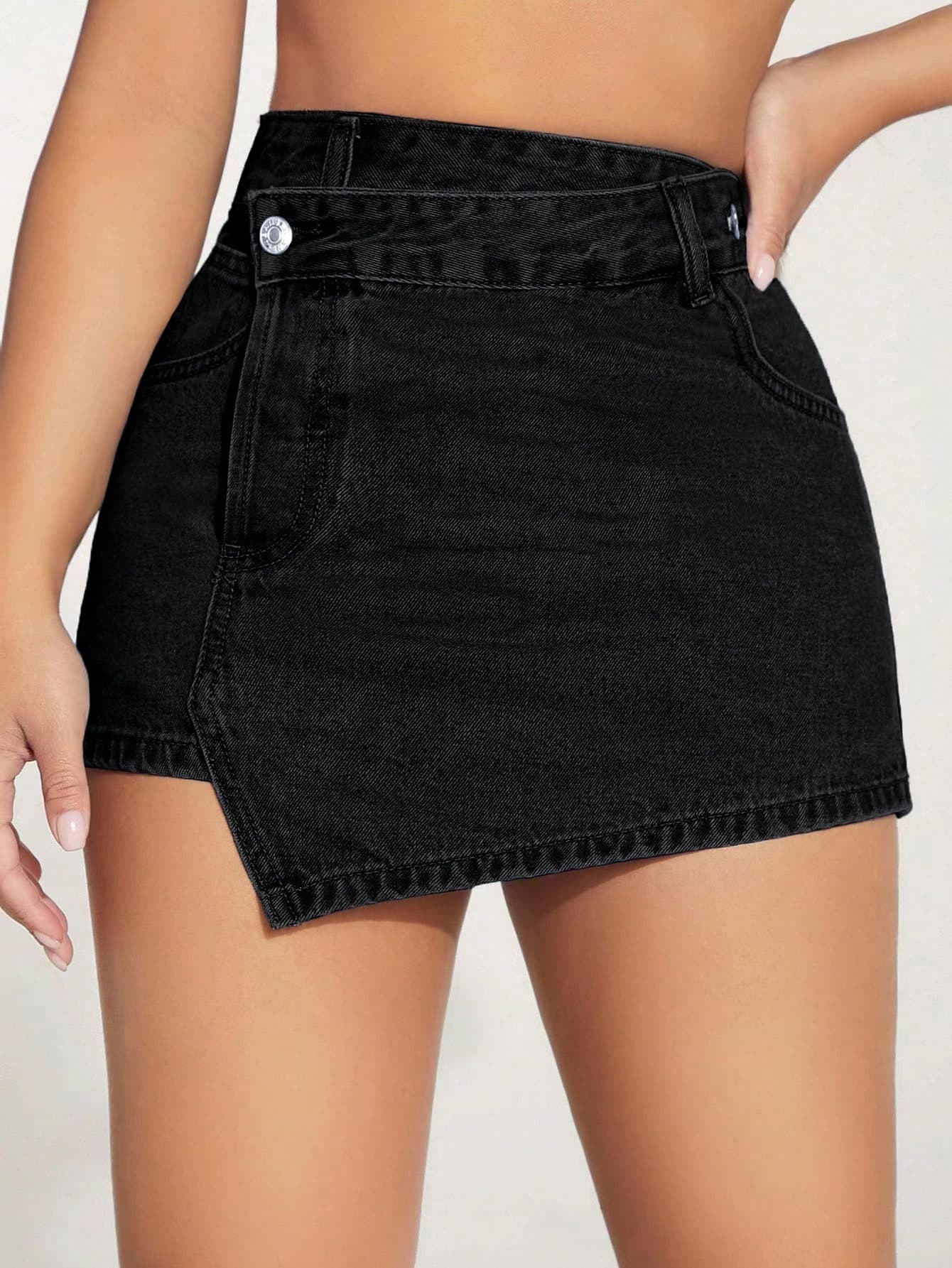 SHEIN PETITE Women's Asymmetric Hem Casual Denim Skort With Pockets ,Petite Women