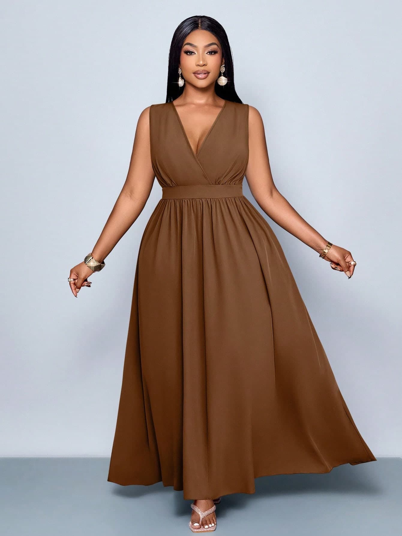 SOLERSUN Plus Size Chocolate Brown,Autumn,Elegant,Formal New Fashion Deep V Neck Long Casual Loose A-Line Dress,All Seasons Daily Commuting Holiday Skirt