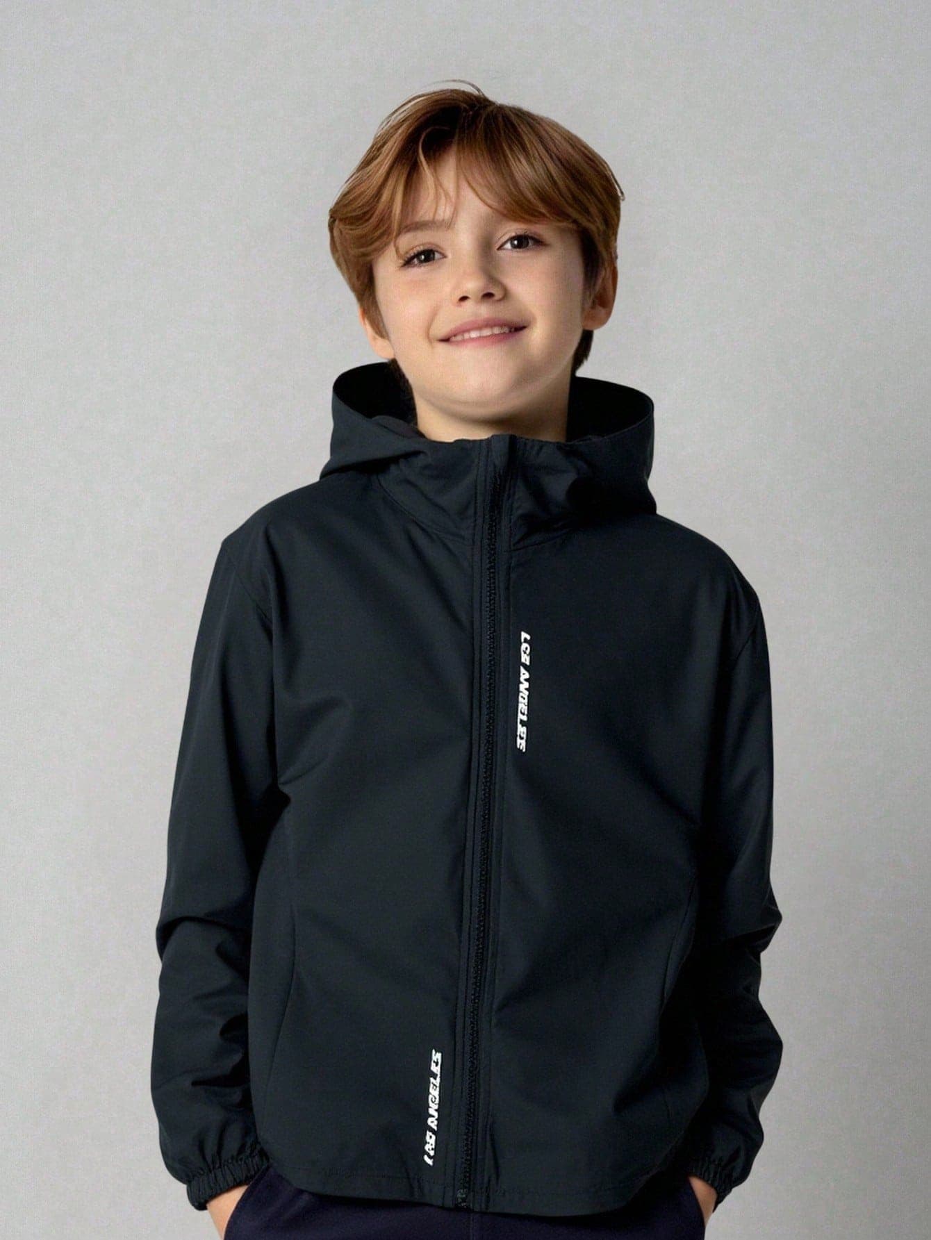 SHEIN Kids Boys Casual Letter Graphic Print Hoodie Winter Jacket,Lightweight Loose Fit Zip Up Hooded Jacket For ,Back-To-School Autumn School Black Fall