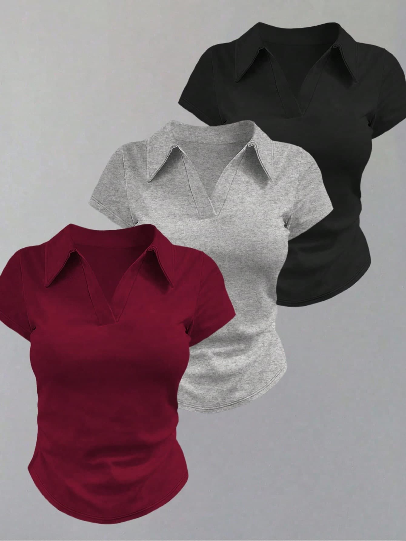 SHEIN Women's Solid Color Collared Short Sleeve Pleated Casual Versatile T-Shirt
