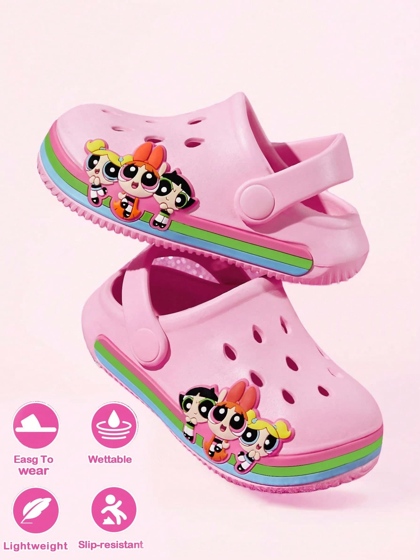THE POWERPUFF GIRLS X SHEIN Cute Cartoon Pink Girl Slippers, Breathable And Quick-Drying, Light And Durable EVA Material, Flower Bubble Pattern, Suitable For Indoor And Outdoor