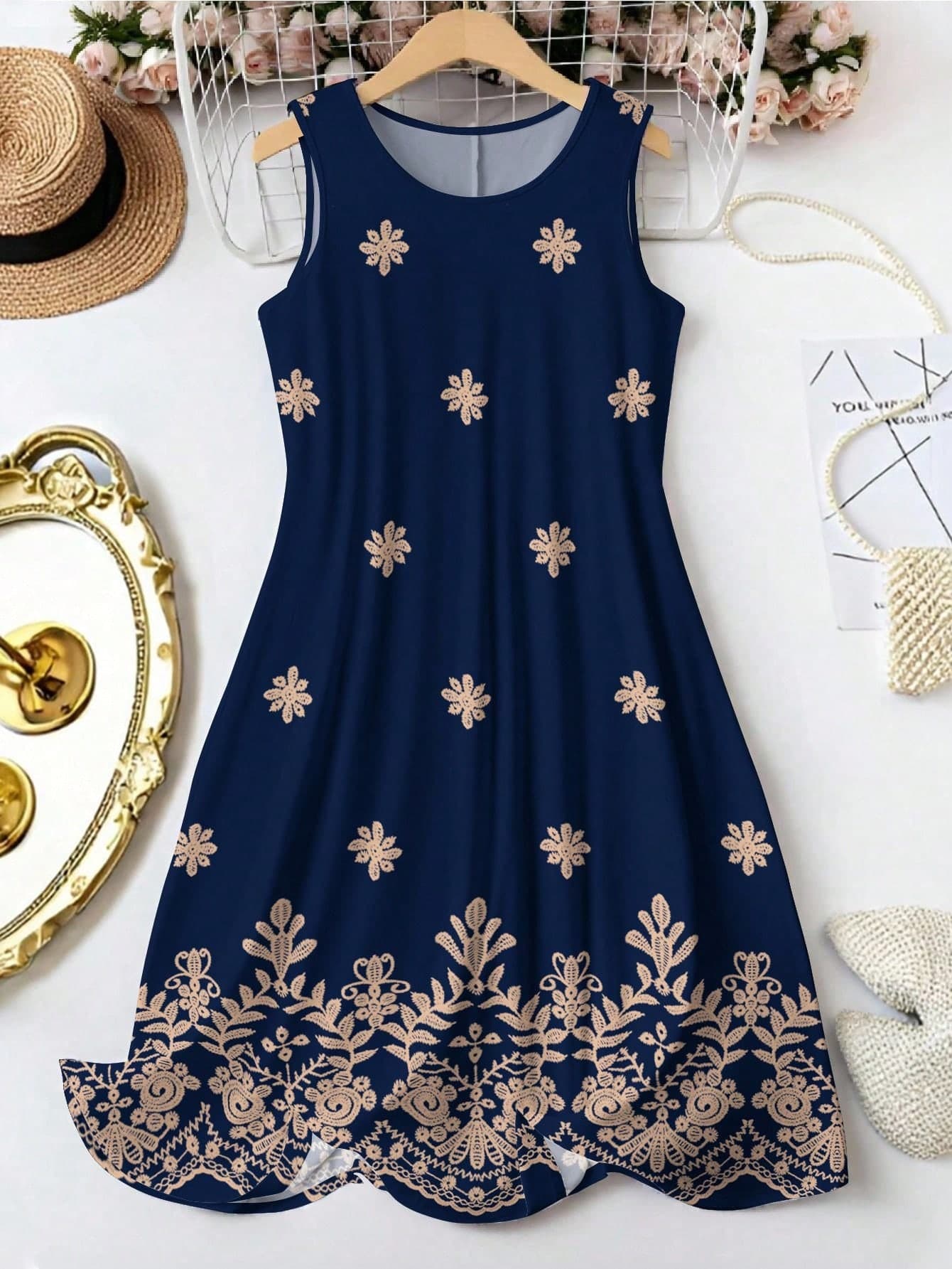 EMERY ROSE Women's Navy Blue Retro Floral Printed Sleeveless Round Neck Knee-Length A-Line Dress,Summer Boho Tea Party Holiday Vacation Casual Tank Sundress