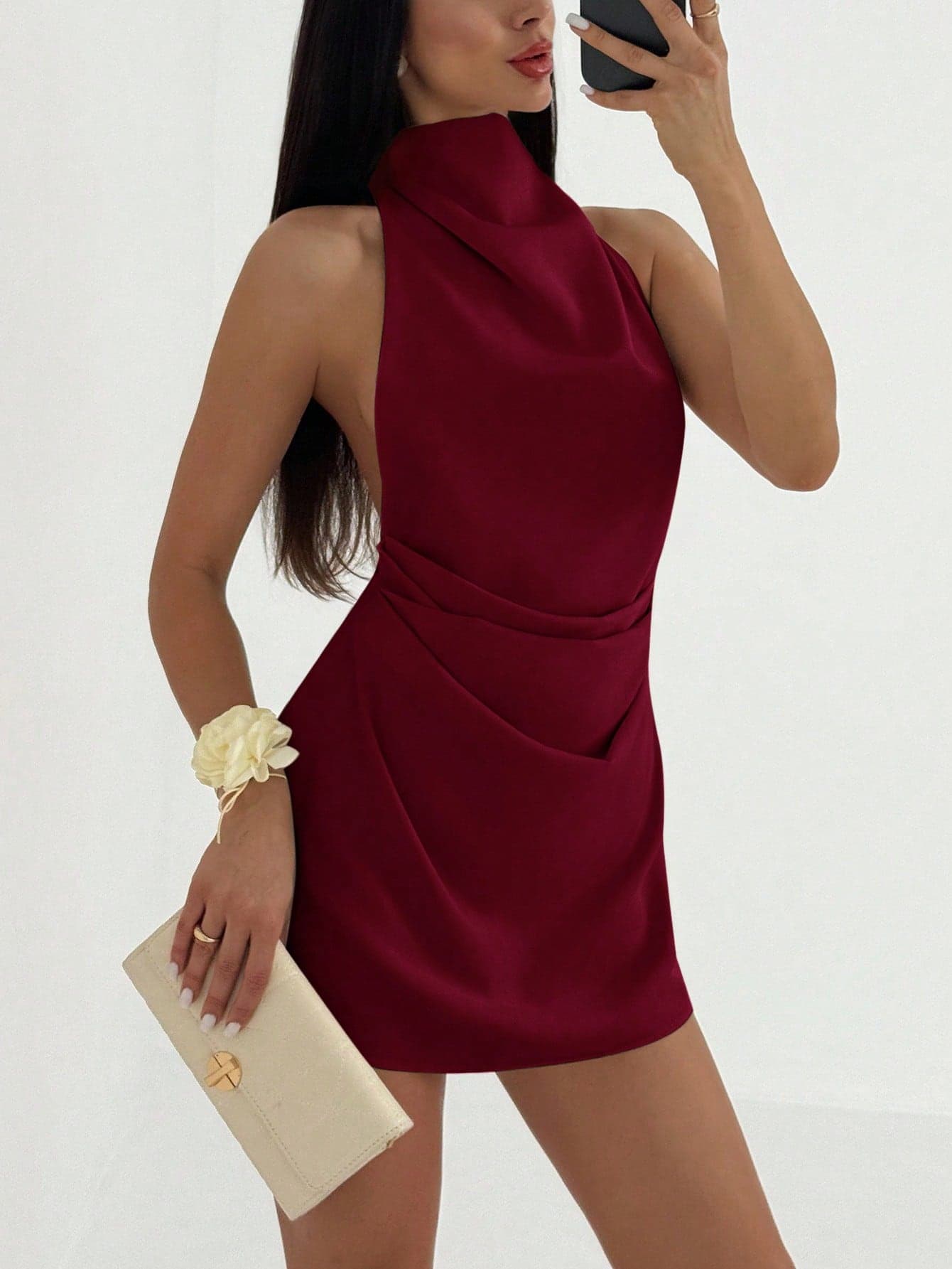Aloruh Minimalist Backless Tie-Up Pleated Mini Dress For Women,Party Party Night Dress,Elegant Dresses For Women Burgundy Summer
