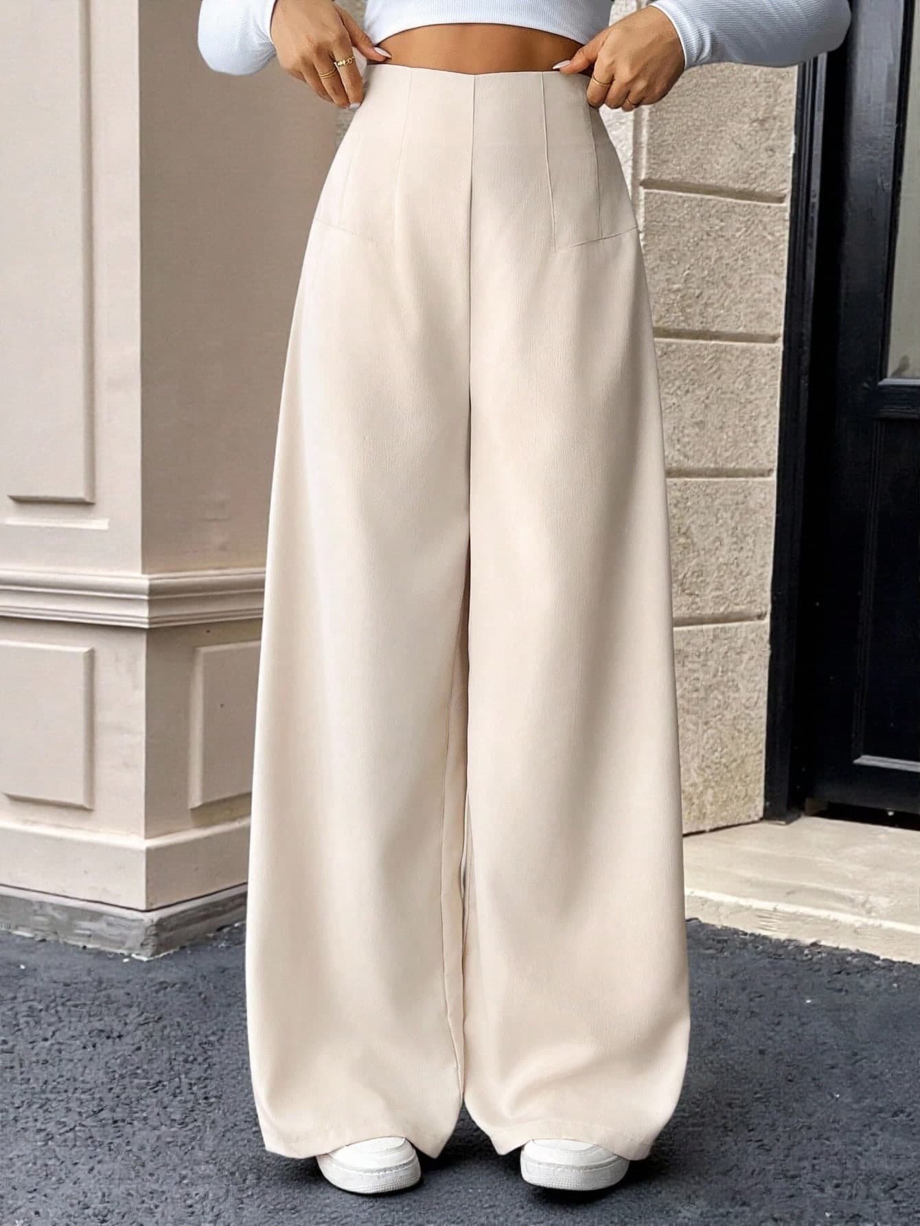 SHEIN Plain Apricot Basics Style Extra Long Pants With Comfortable Straight Leg Fit For Girls Wide High Waisted Loose Beige Waist Fall Winter