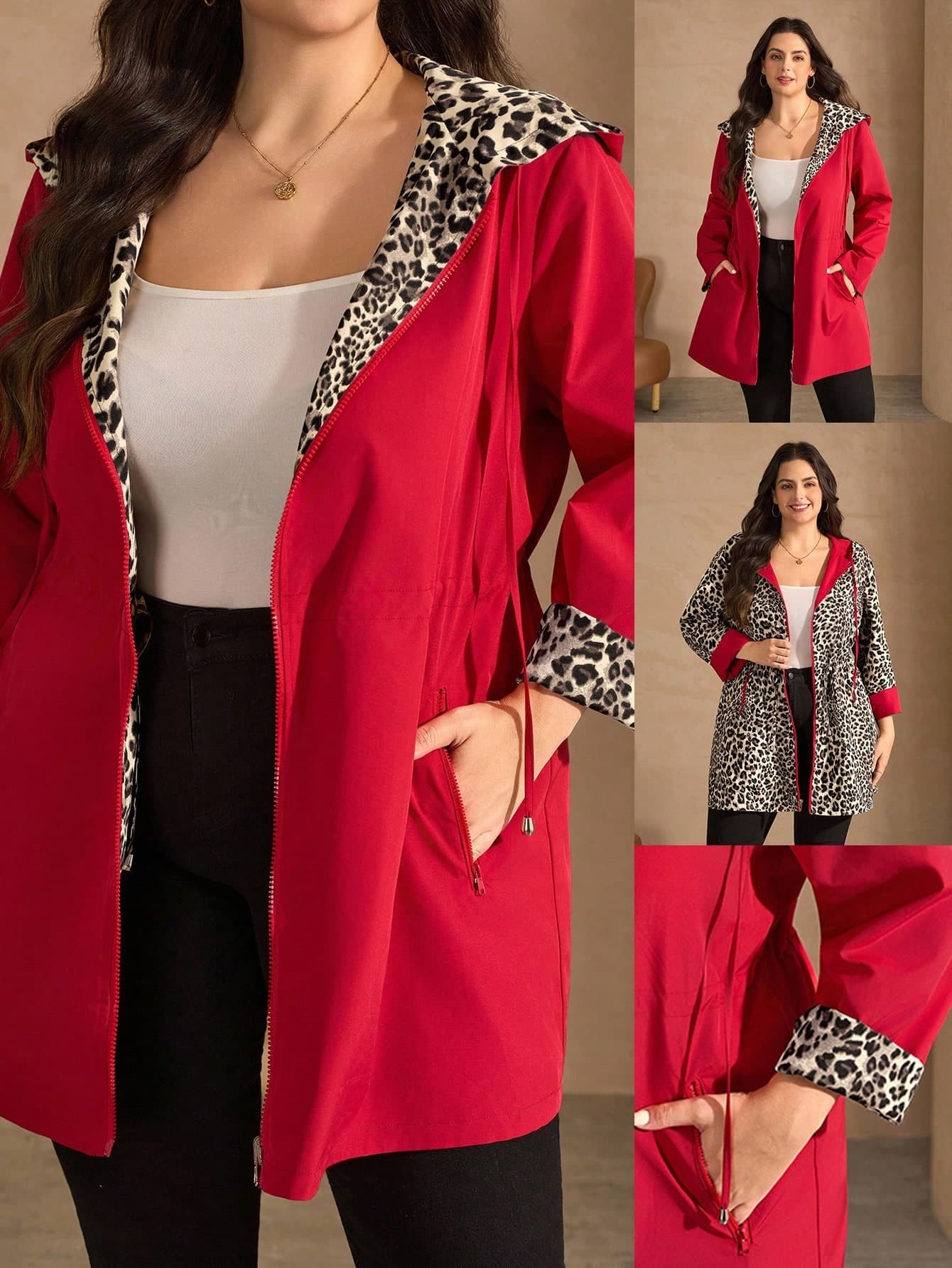 Chikora Women Plus Size Reversible Leopard Print Hooded Jacket,Red Autumn Casual Hiking Animal Print Zip Up Hoodie,Fashionable Curve Bomber Winter Clothes