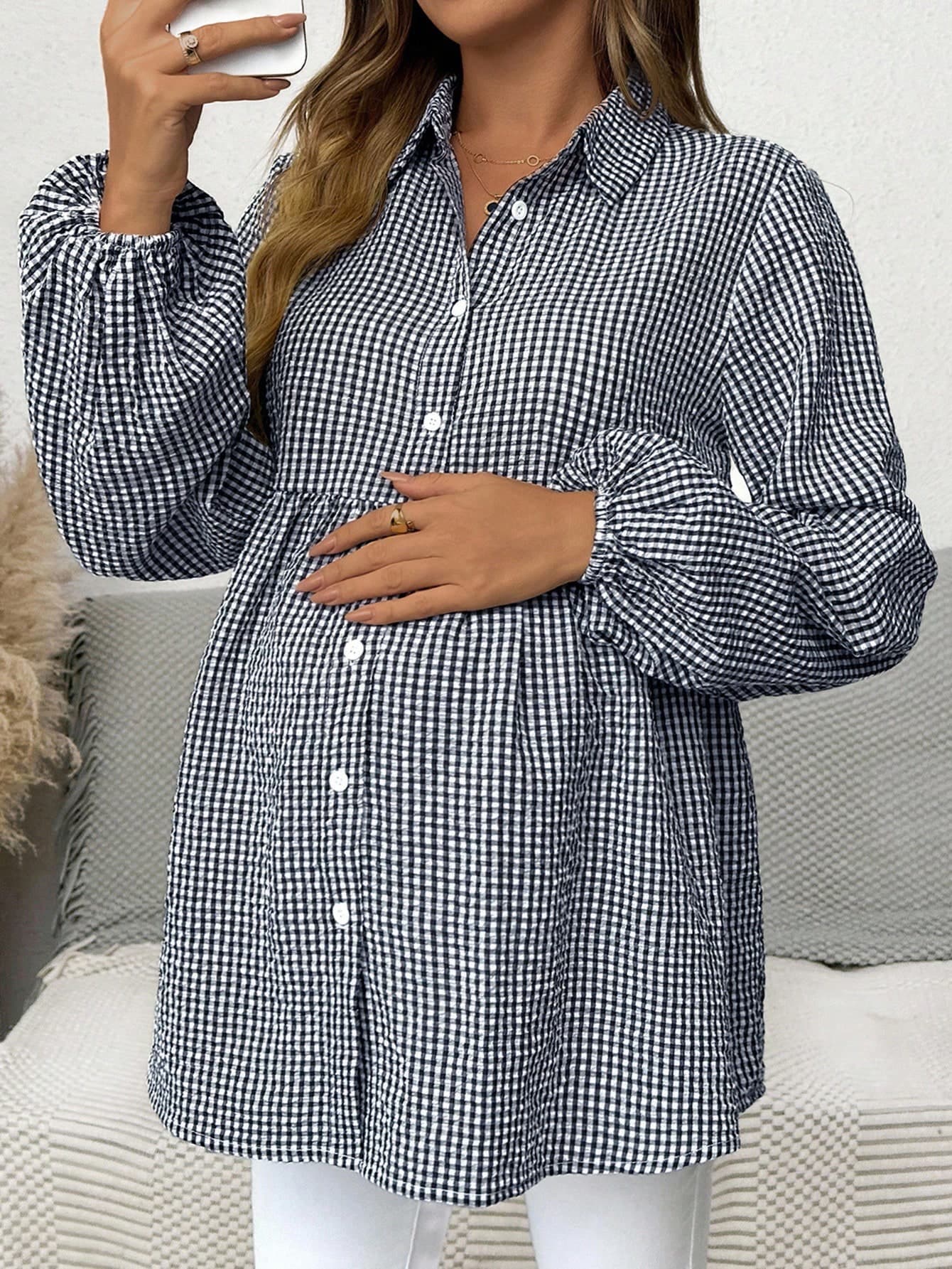 SHEIN Maternity Plaid Lantern Sleeve Single-Breasted Casual Shirt Fall