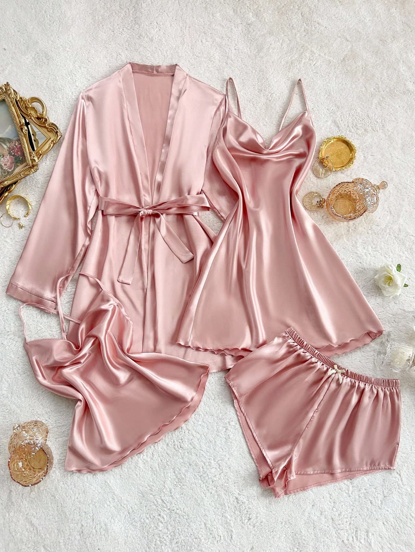 SilkySpell Plunging Neck Camisole Top, Shorts, And Robe Sleepwear Set Satin PJS Pink Satin PJS Satin Sleepwear Set , Fall Winter Clothes