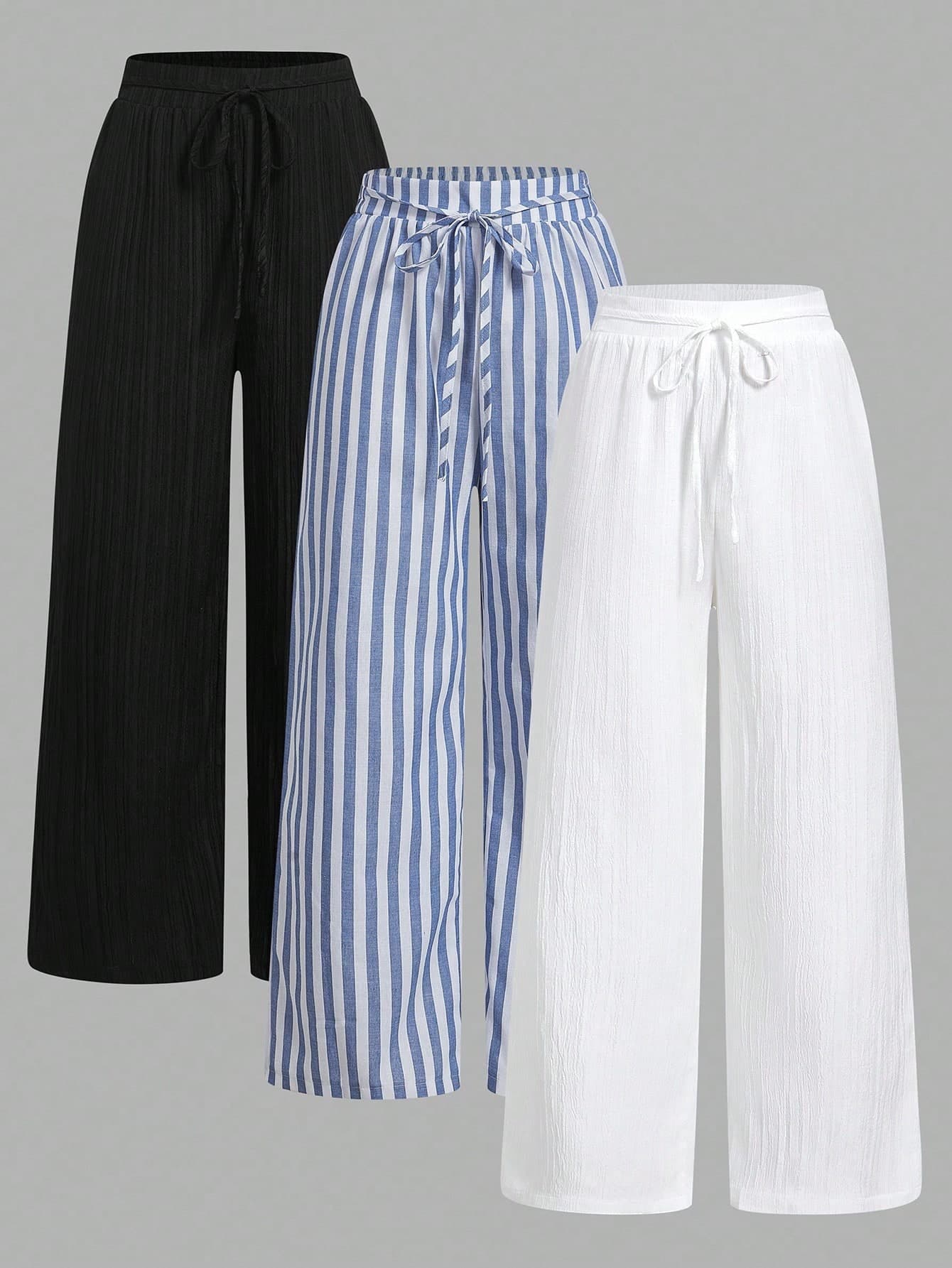 SHEIN Essnce 3pcs Set Women's Blue And White Stripe Nautical Style Casual Summer Vacation Waist Tie Pants With Pockets,Straight Leg Black & White Striped Clothes