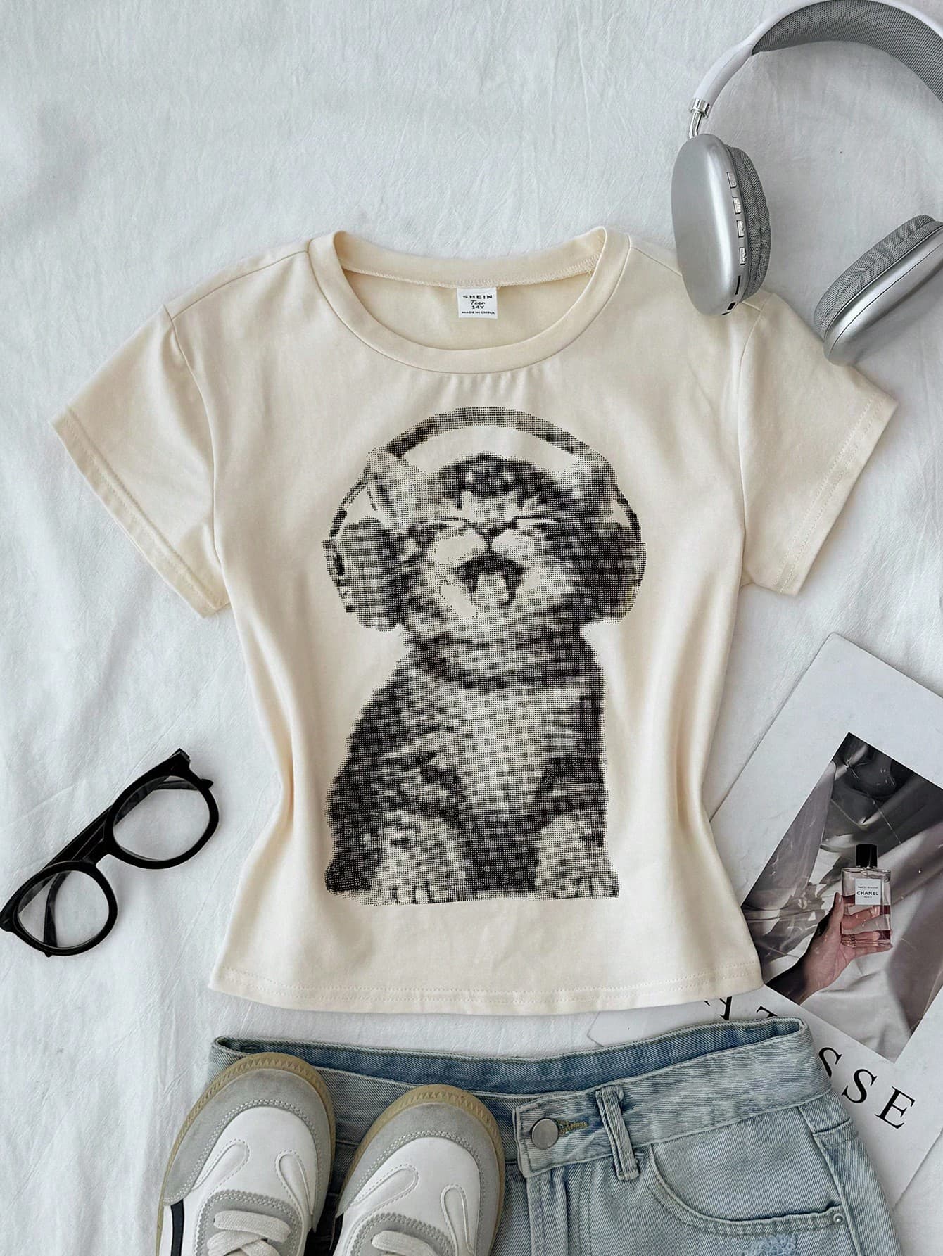 Teen Girls Beige Summer Cute Graduation Knitted Casual Personalized Fit Round Neck Short Sleeve Cute Cat Pattern Printed Graphic Tee T-Shirt,Party