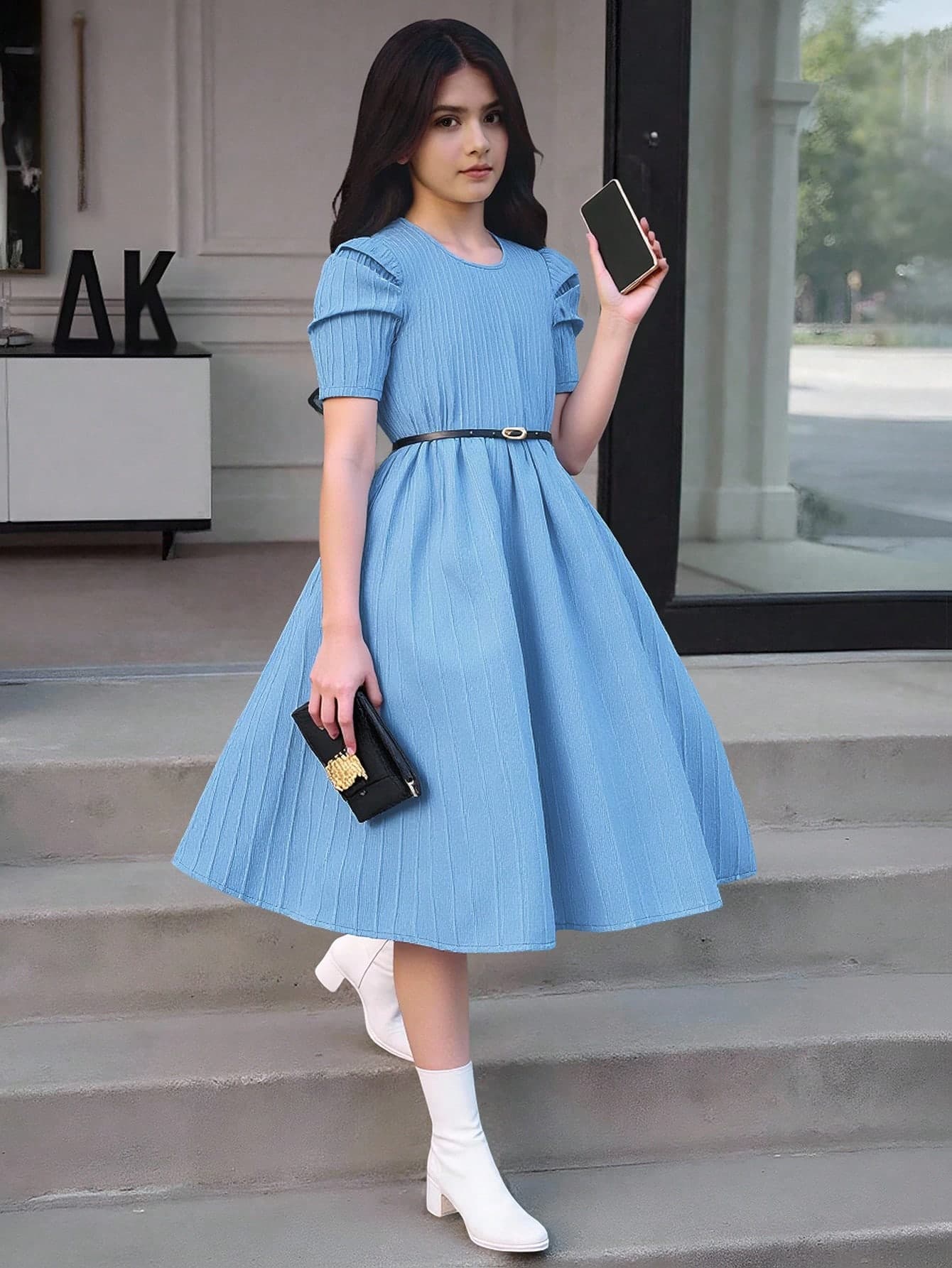 Teen Girls' Red Puff Sleeve Short Dress For Festivals/Celebrations
