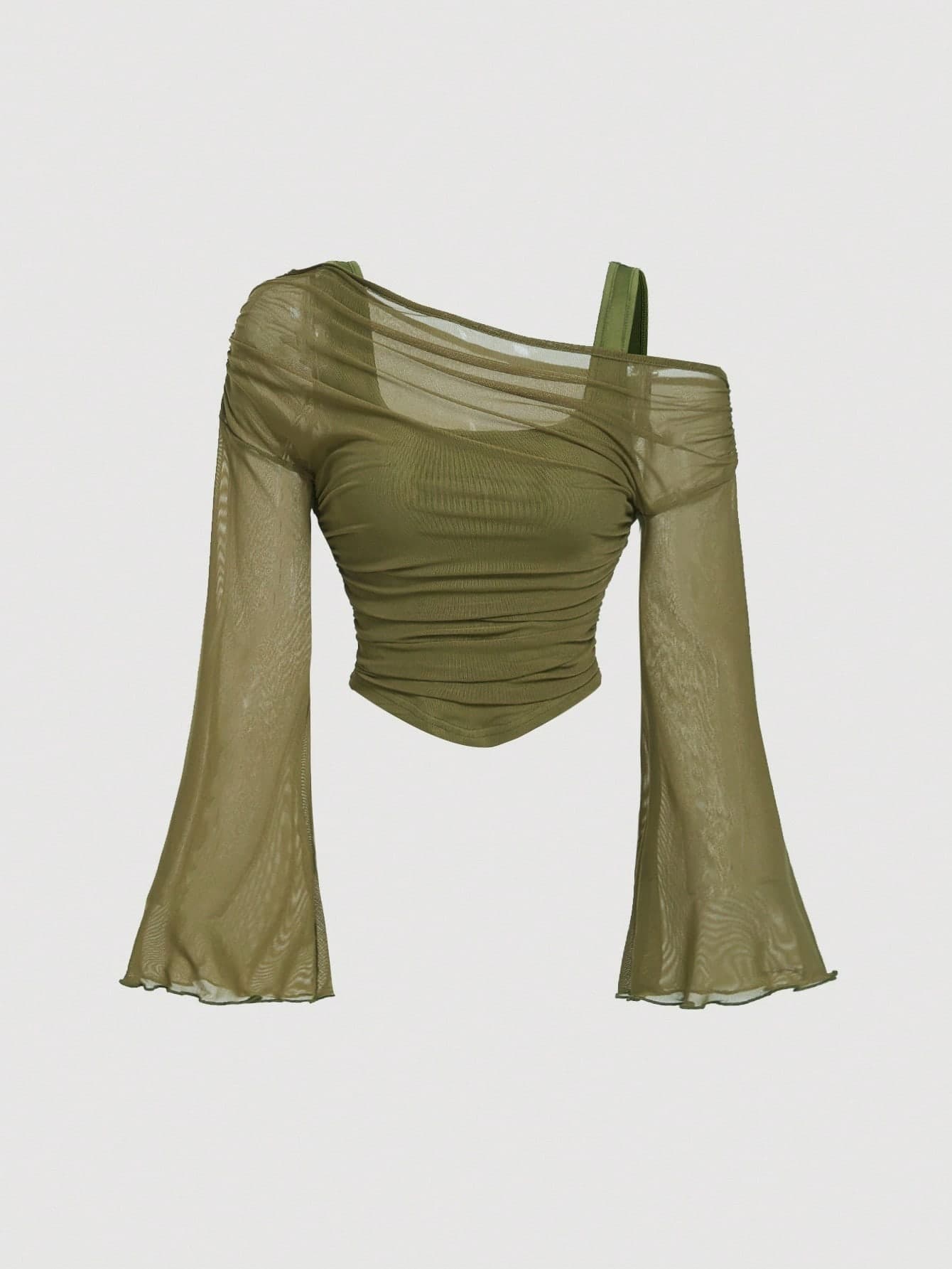 Girlism Teen Girl's /Off-The-Shoulder Mesh Two-In-One/Flared Sleeve Long-Sleeved Top Western Retro/Elegant