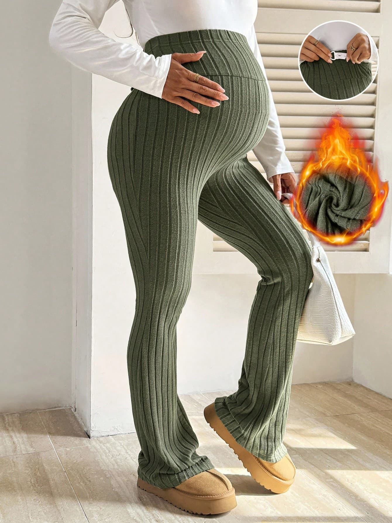SHEIN Maternity Solid Color Adjustable Waist Ribbed Flare Pants Pregnancy Leggings,Knit Flared Maternity Pants,Green,Summer,Casual,Going Home From Hospital