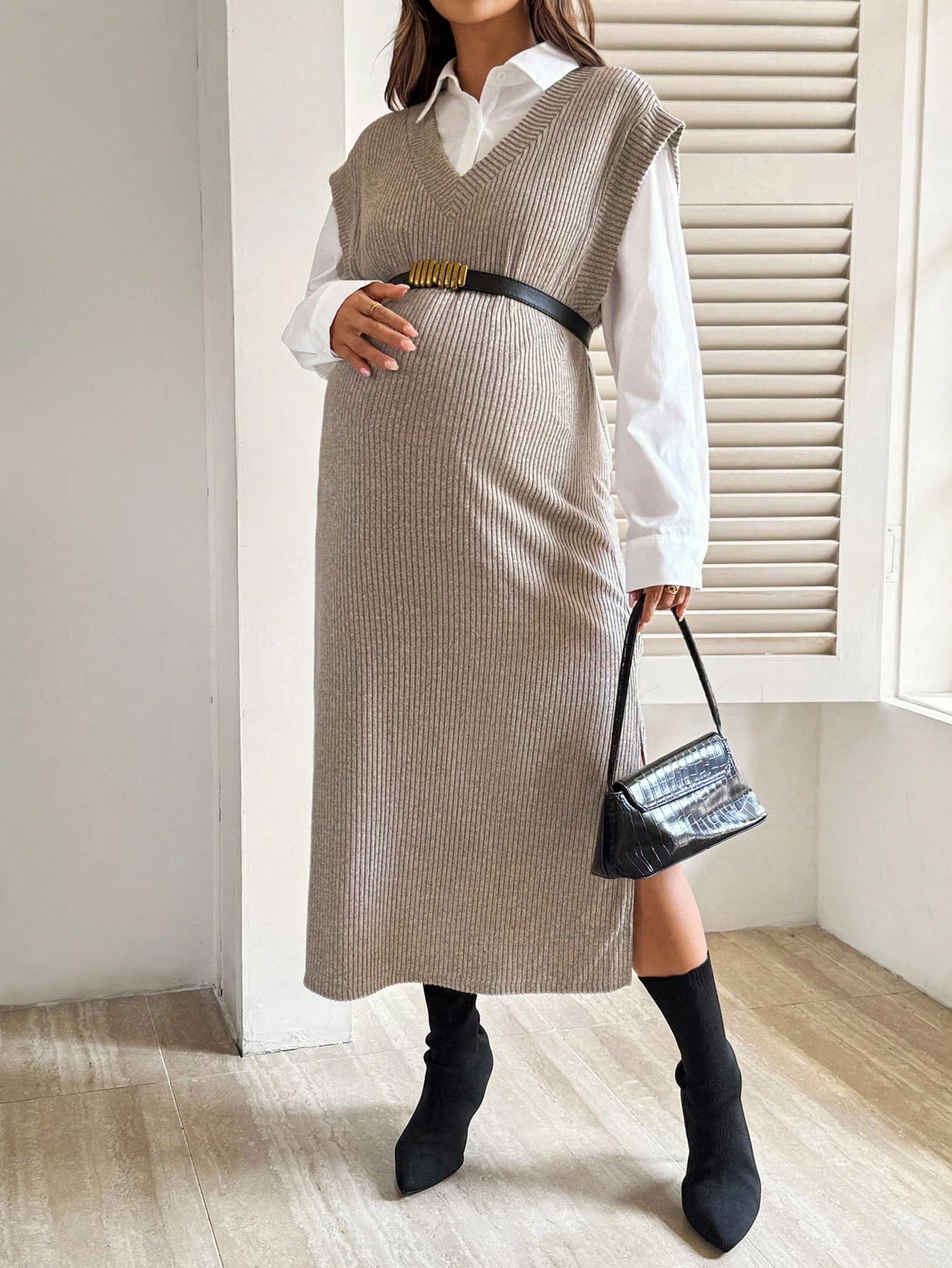 SHEIN 2-Piece Maternity Set:White Solid Long-Sleeved Button-Down Shirt And V-Neck Casual Khaki Ribbed Knit Maxi Dress,Women's Autumn Clothing Fall Apparel