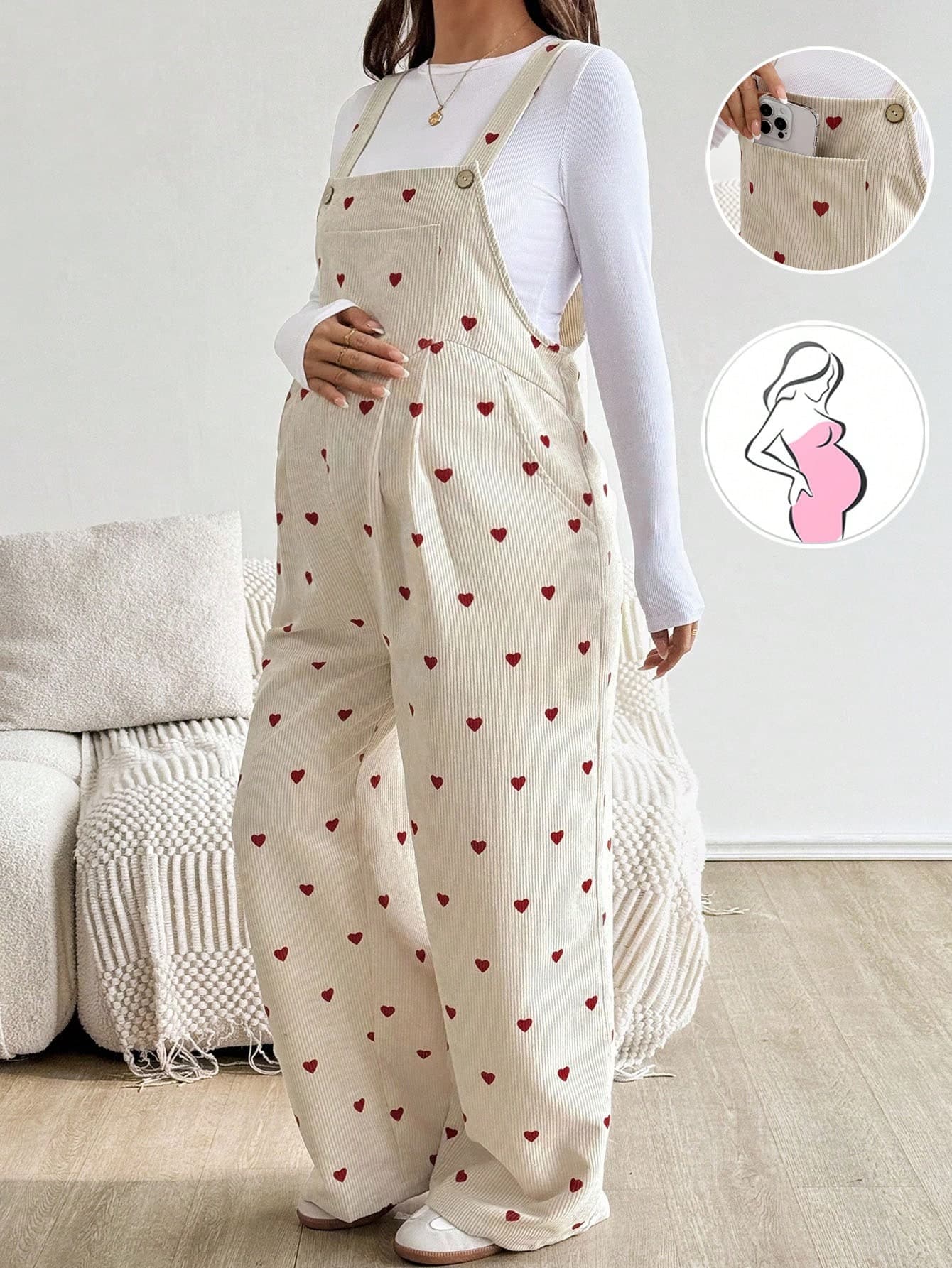 SHEIN Maternity Casual Heart Print Pocketed Jumpsuit Fall Clothes Boho Maternity Winter