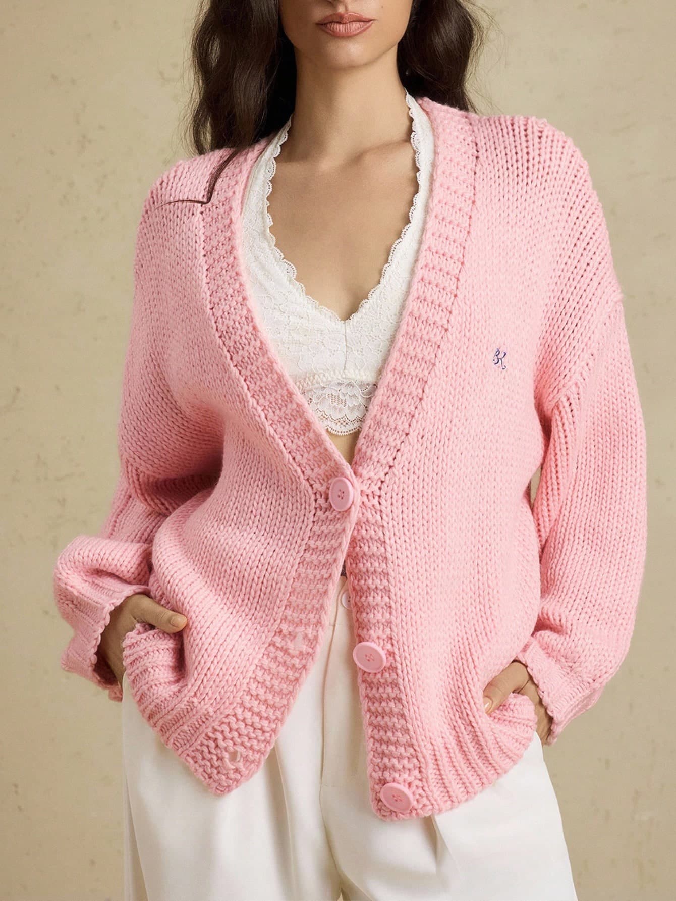 Briarwyn Pink Autumn Elegant Women's Old Money Style Knit Cardigan,Back-To-School,Loose Single-Breasted Warm Sweater,Solid Color Drop Shoulder School Attire