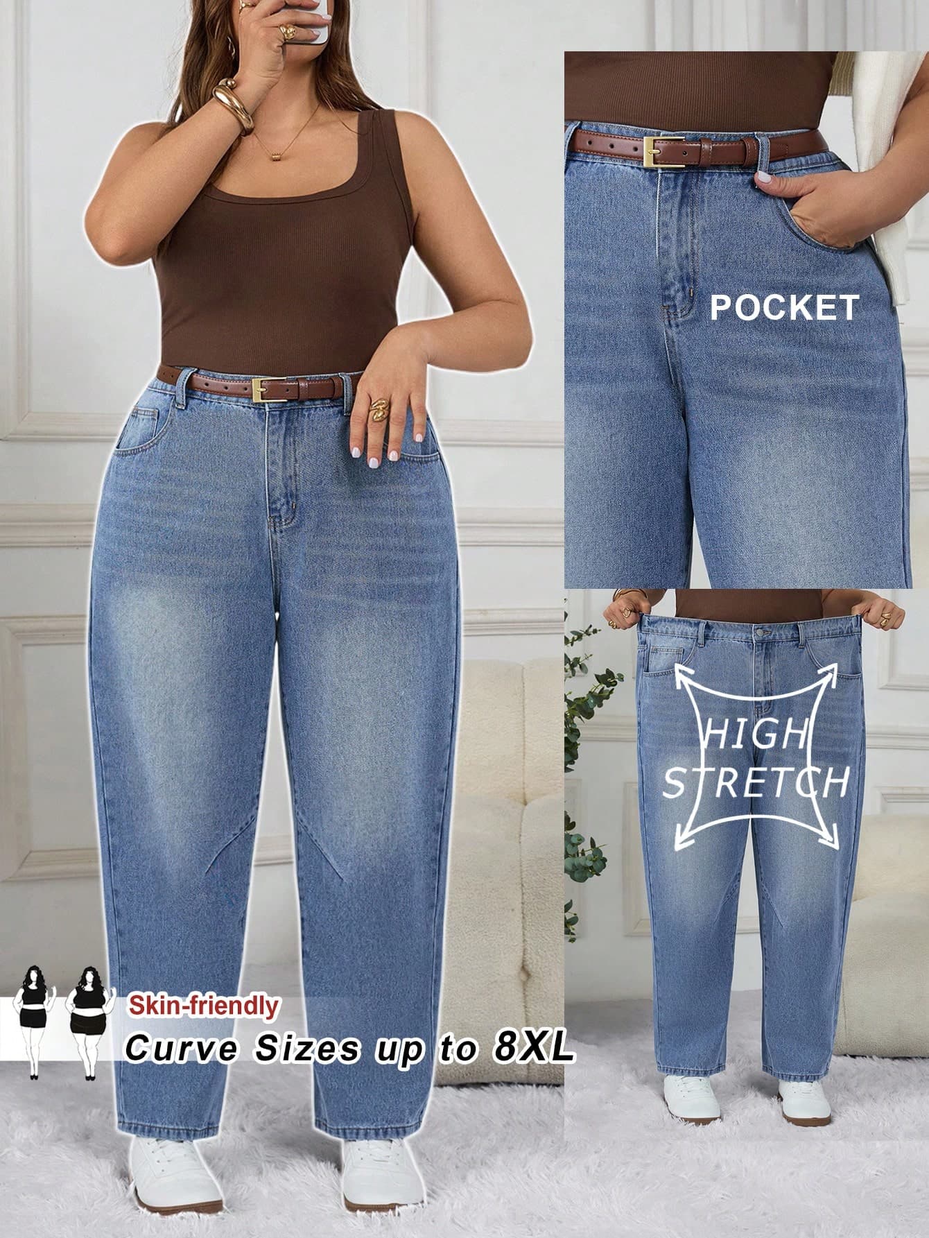 SHEIN CURVE+ Plus Size Dark Blue Summer Casual Everyday Women Denim Jeans,Elastic Waist High Stretch Tapered Leg Ankle Length Boyfriend Loose Mom Baggy Pants