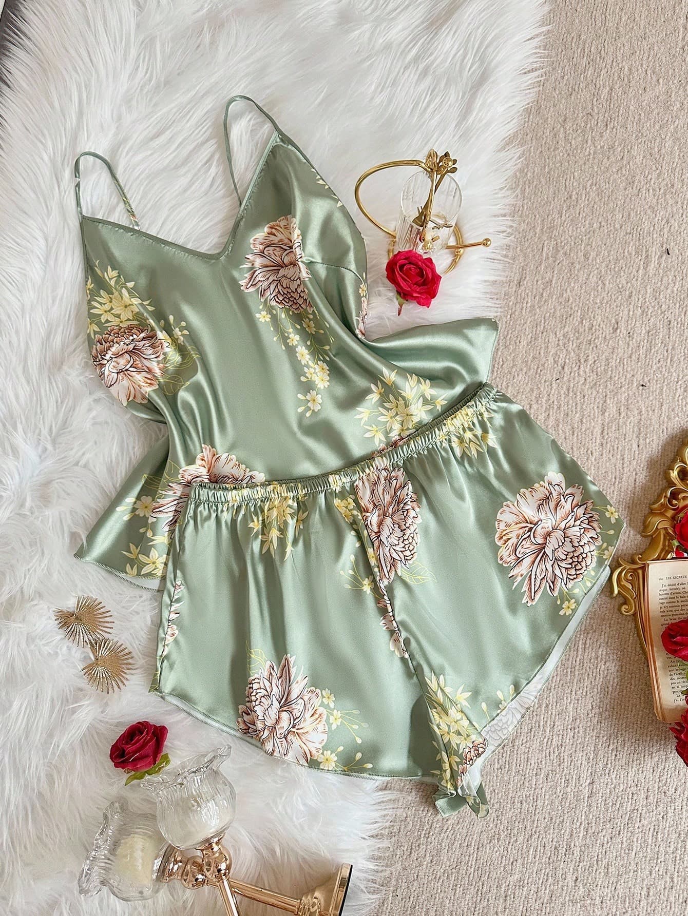SHEIN 2pc Sexy V-Neck Camisole And Shorts Set, Elegant Floral Print Satin Plus Size Pajamas Satin PJS Satin Sleepwear Set PJSs For Women