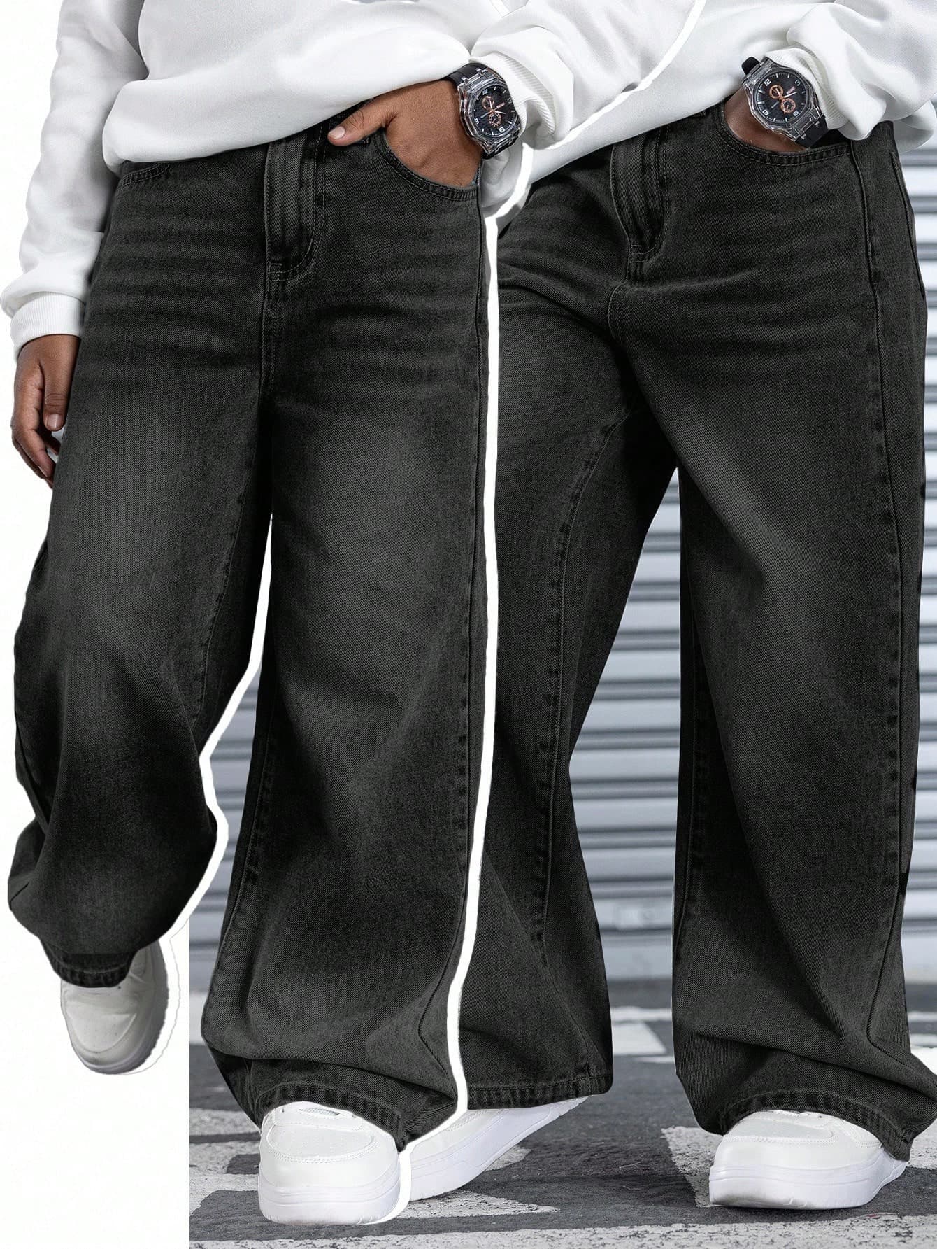 SHEIN Teen Boy Fashion Casual Vintage Designed Wash Water Blue Loose Straight Leg Jeans For Cute Daily-Wear Streetwear
