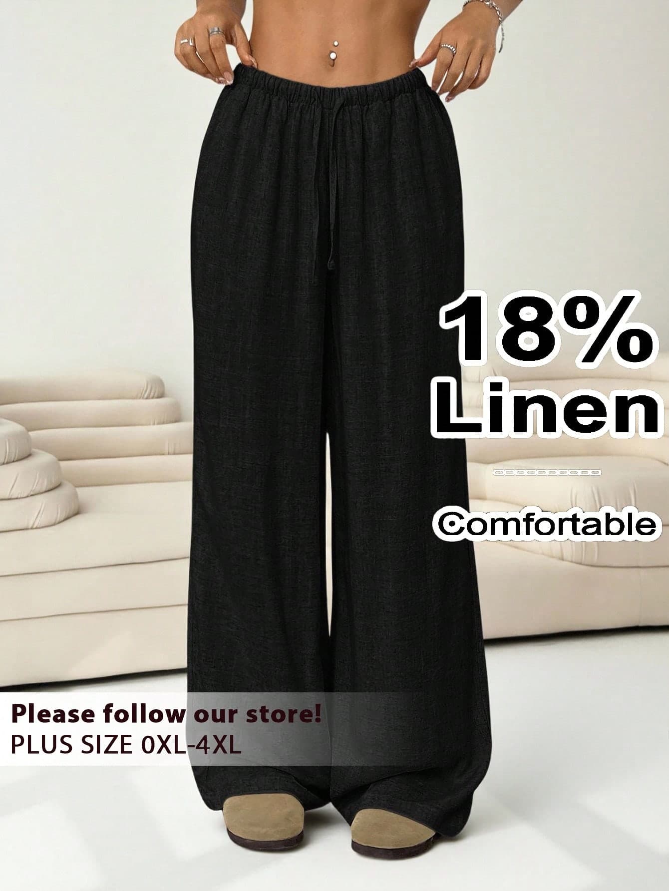 Solflare Plus Size Solid Color Casual Knotted Wide Leg Pants, Wide Leg Linen Pants,Business Casual Woman Fall