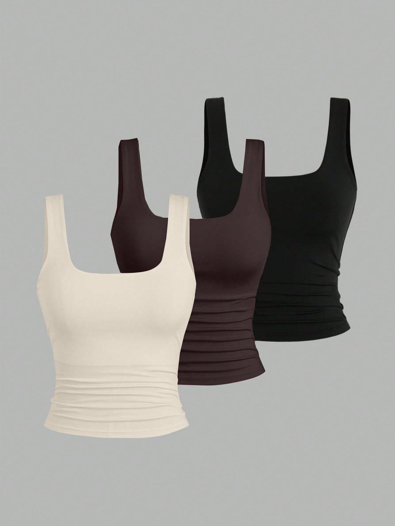 Sweetra Women's Solid Color Square Neck Pleated Fitted Casual Tank Top