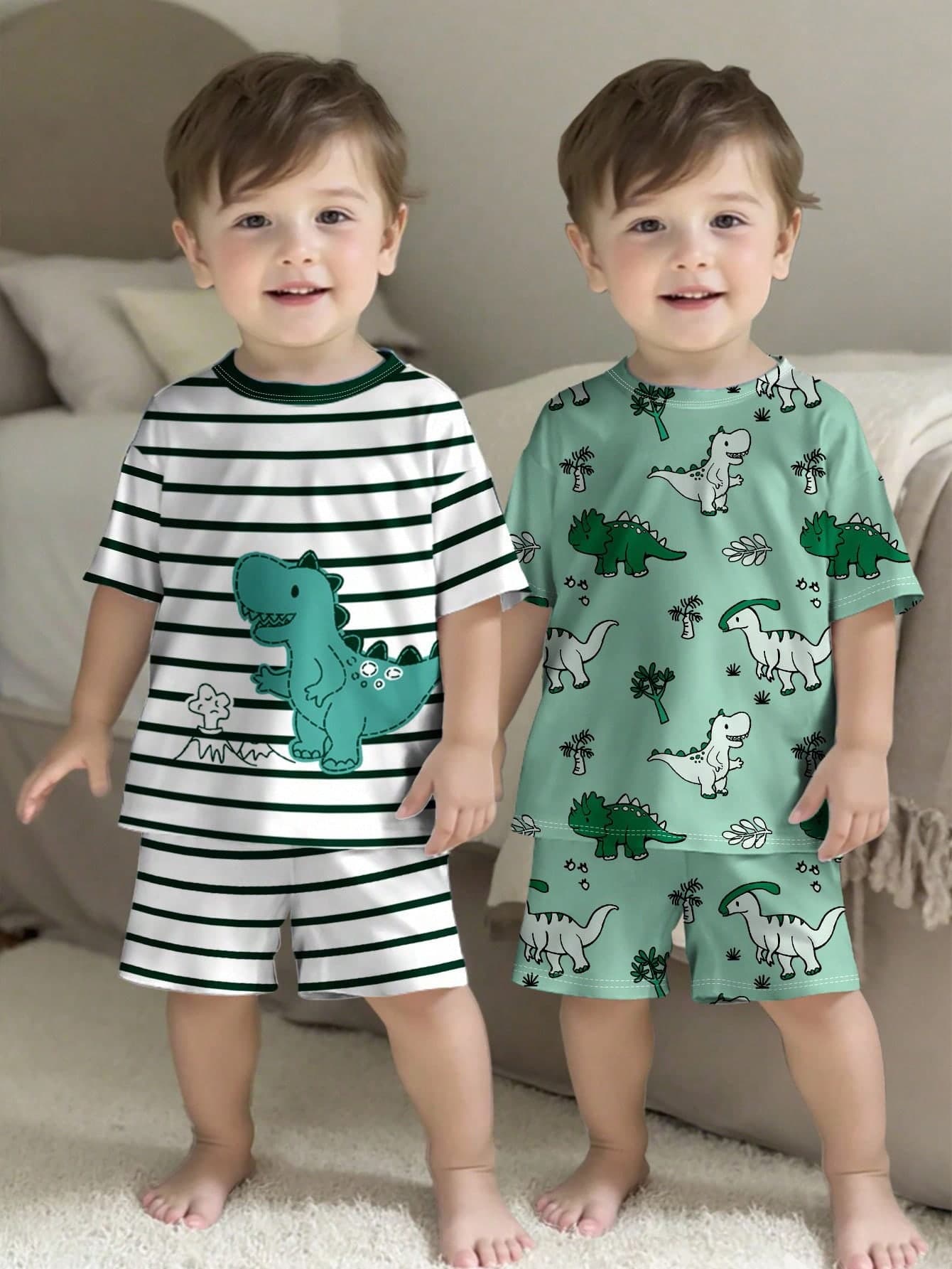 SHEIN 2pcs/Set Baby Boy Loose Casual Pajamas Set,Suitable For Summer Boys Dinosaur Clothes Sleepwear