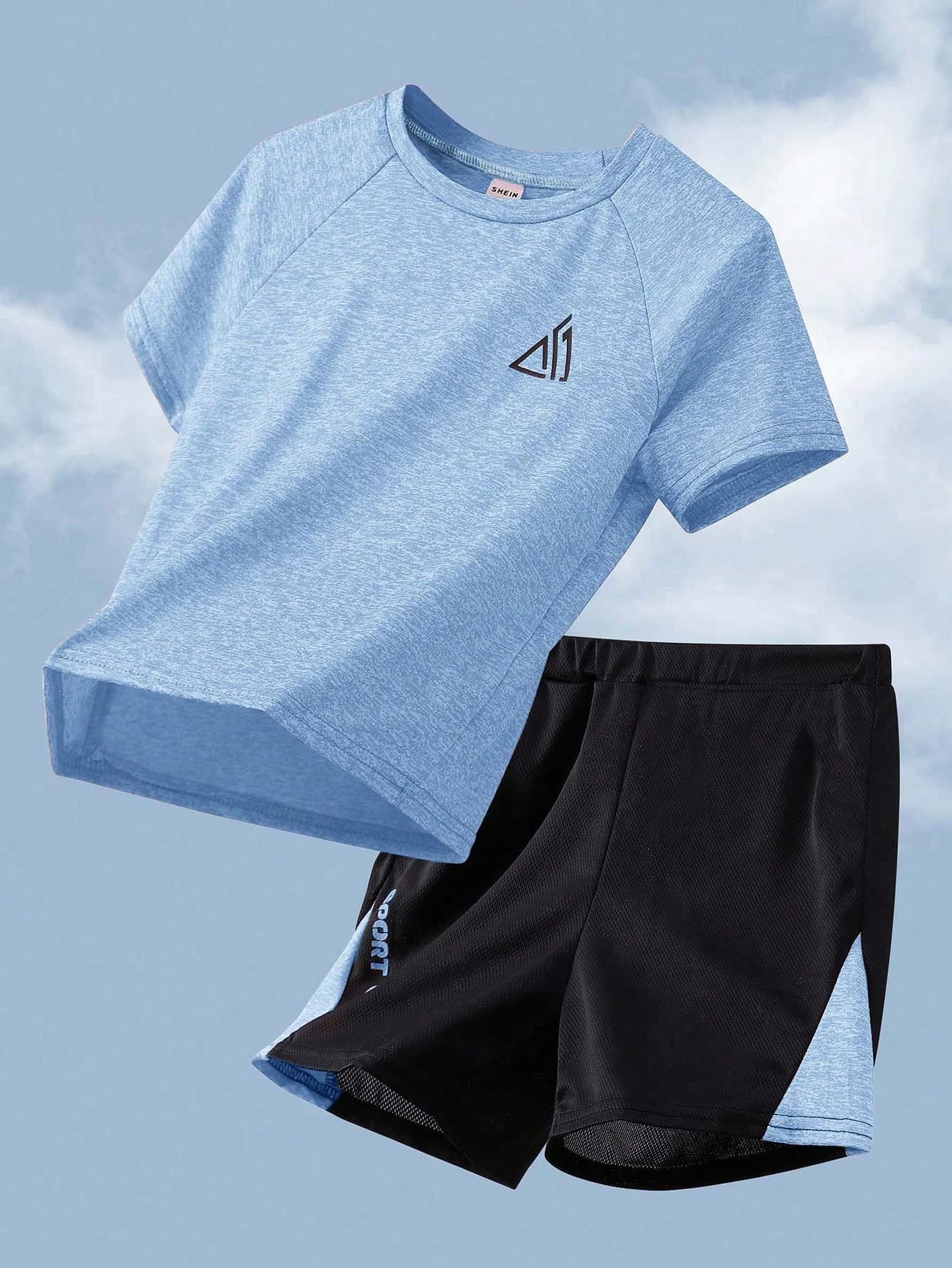 SHEIN 2pcs Set Teen Boy's Contrast Color Block Printed T-Shirt And Shorts Sports Suit;Spring Wear; Teen Boys' Clothing; Teen Boy' Jackets, Spring Back To School