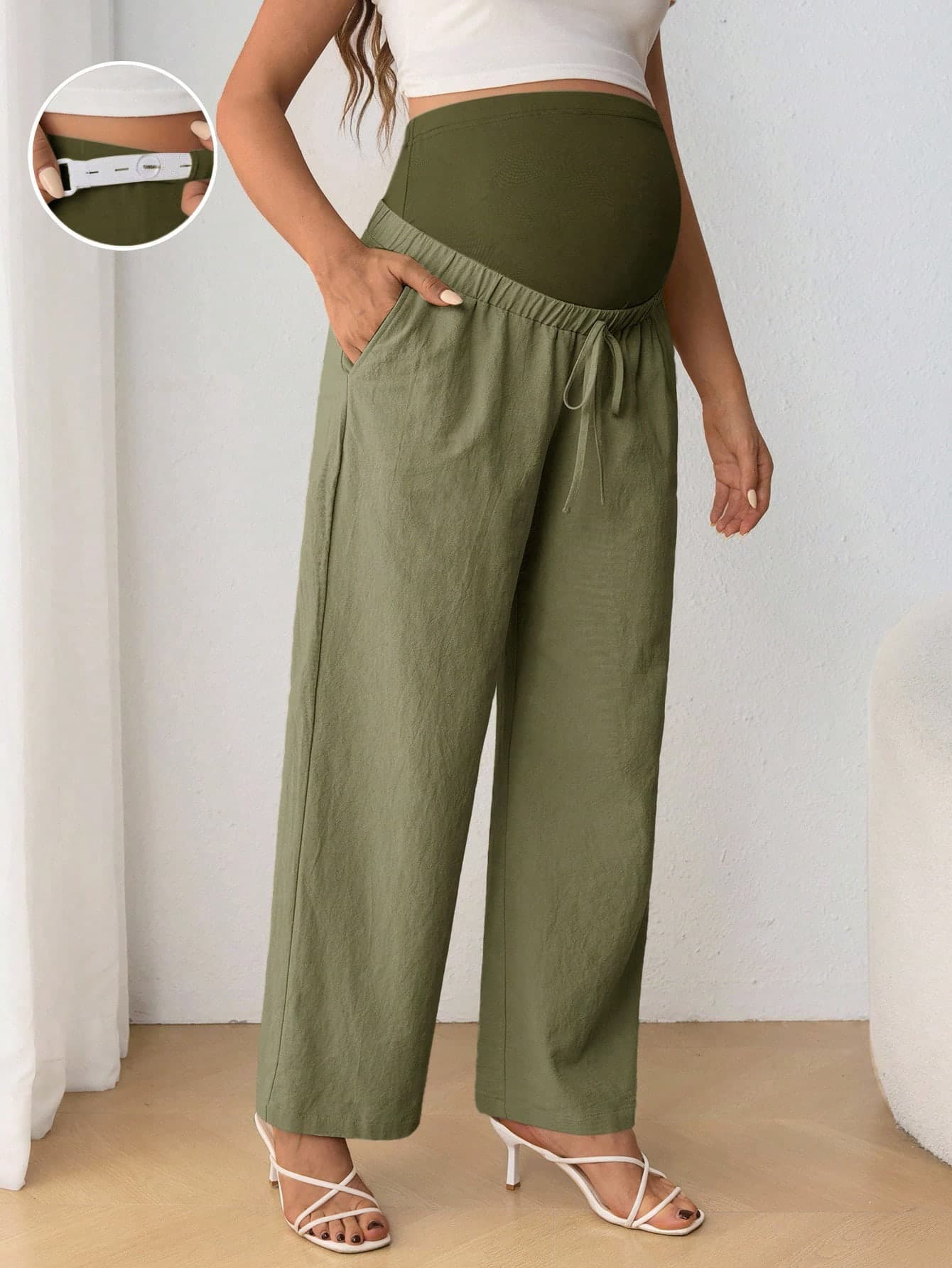 SHEIN Maternity Casual Adjustable Drawstring Waist Bow Decor Pregnancy Support Straight Leg High Waist Pants Fall
